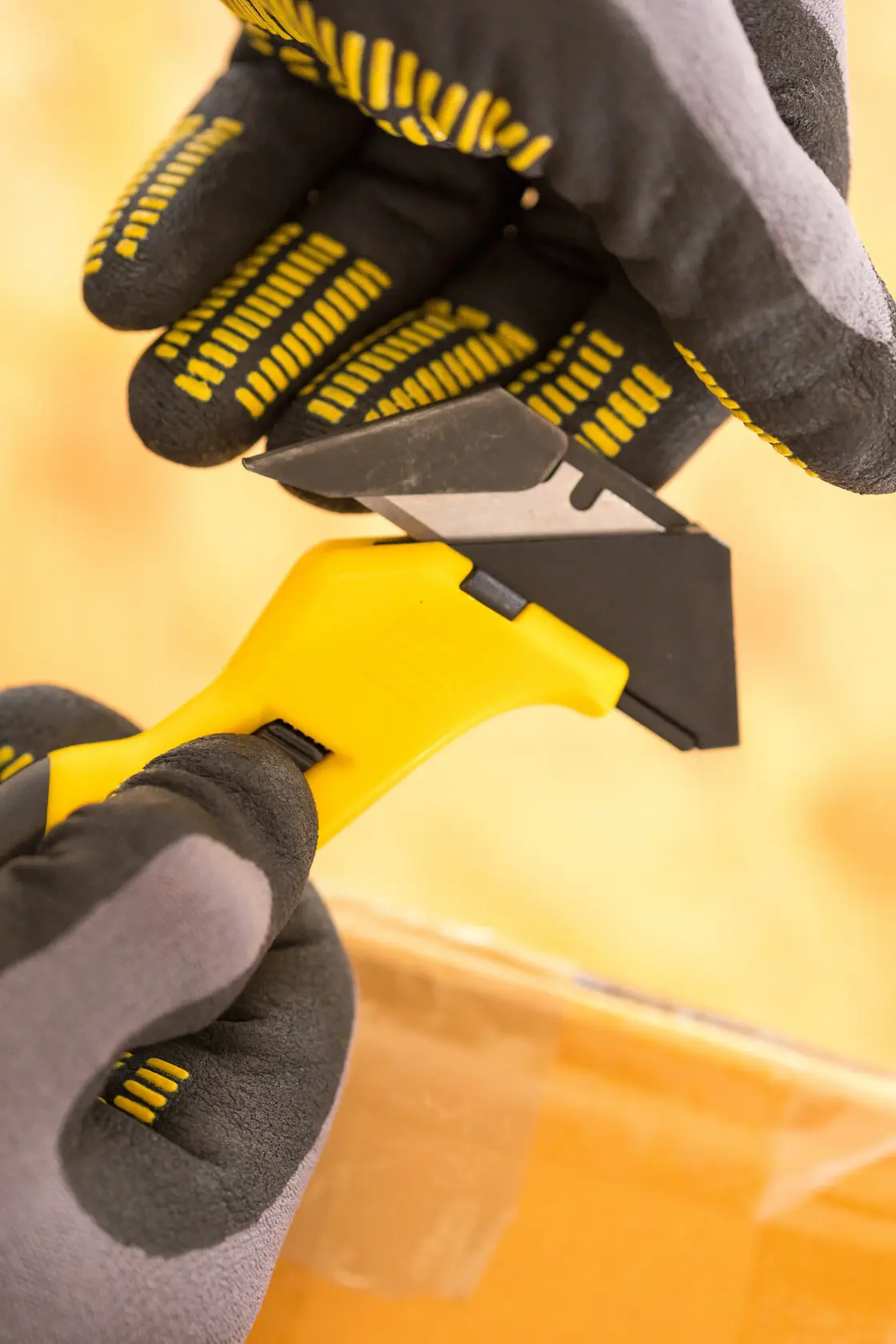 STANLEY FMHT10373-0 safety utility knife with yellow handle, shown in gloved hands cutting tape on a box.