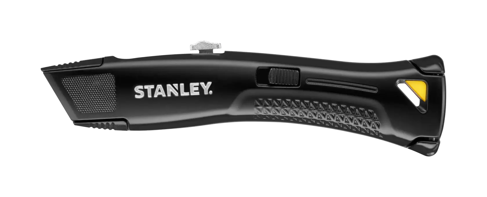 STANLEY FMHT10504-0 utility knife, black, side angle, textured grip, yellow accent, photography