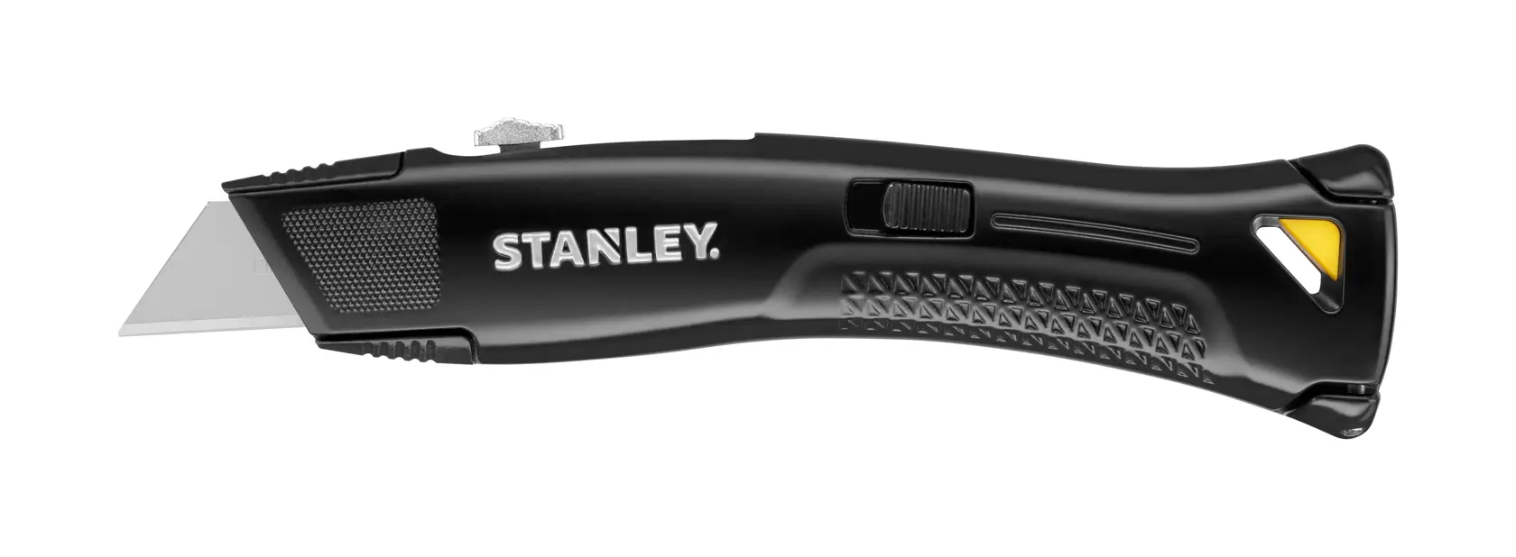 STANLEY FMHT10504-0 utility knife, black handle, silver blade, left side view, on white background.