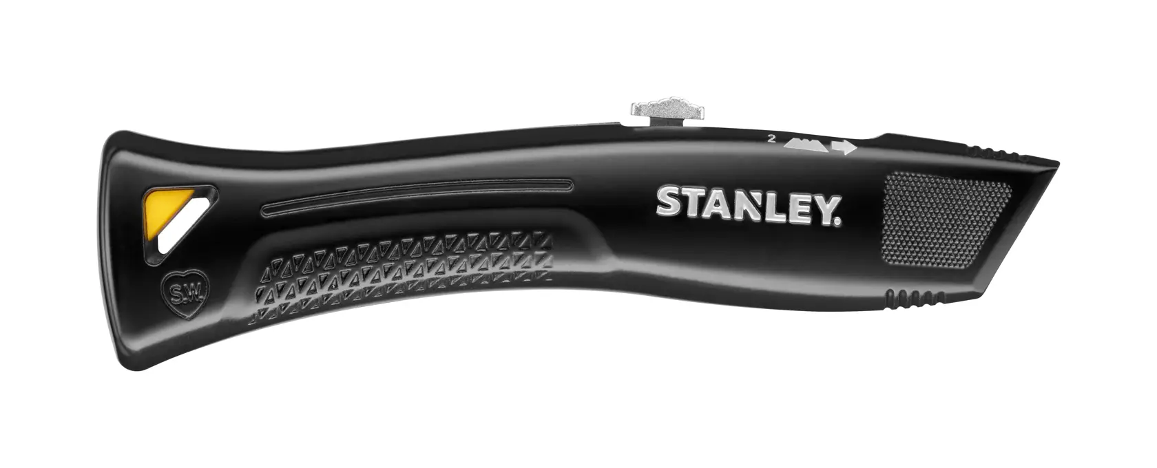 Stanley FMHT10504-0 black utility knife, side view, with textured grip and yellow accent, photo on white background.