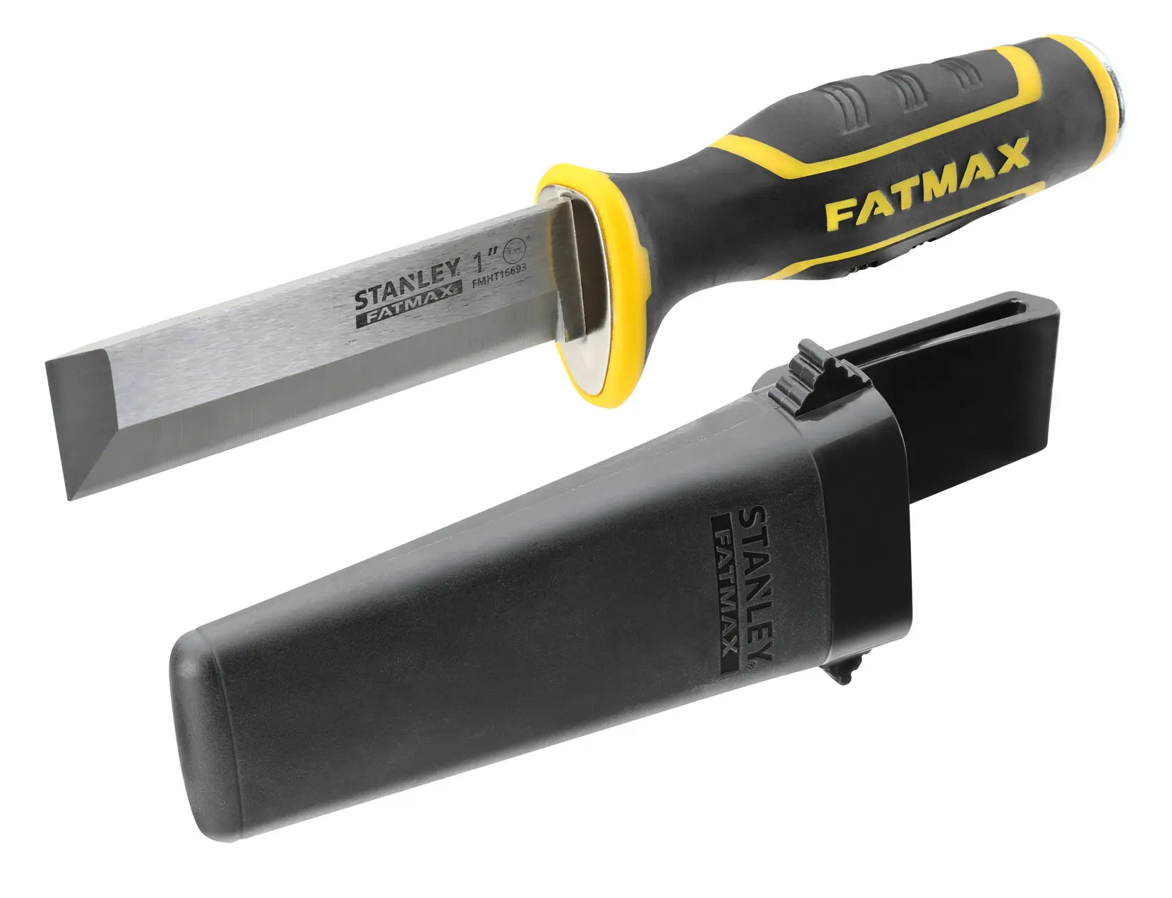 STANLEY FMHT16693-0 chisel with black and yellow handle and protective sheath, side view, white background.