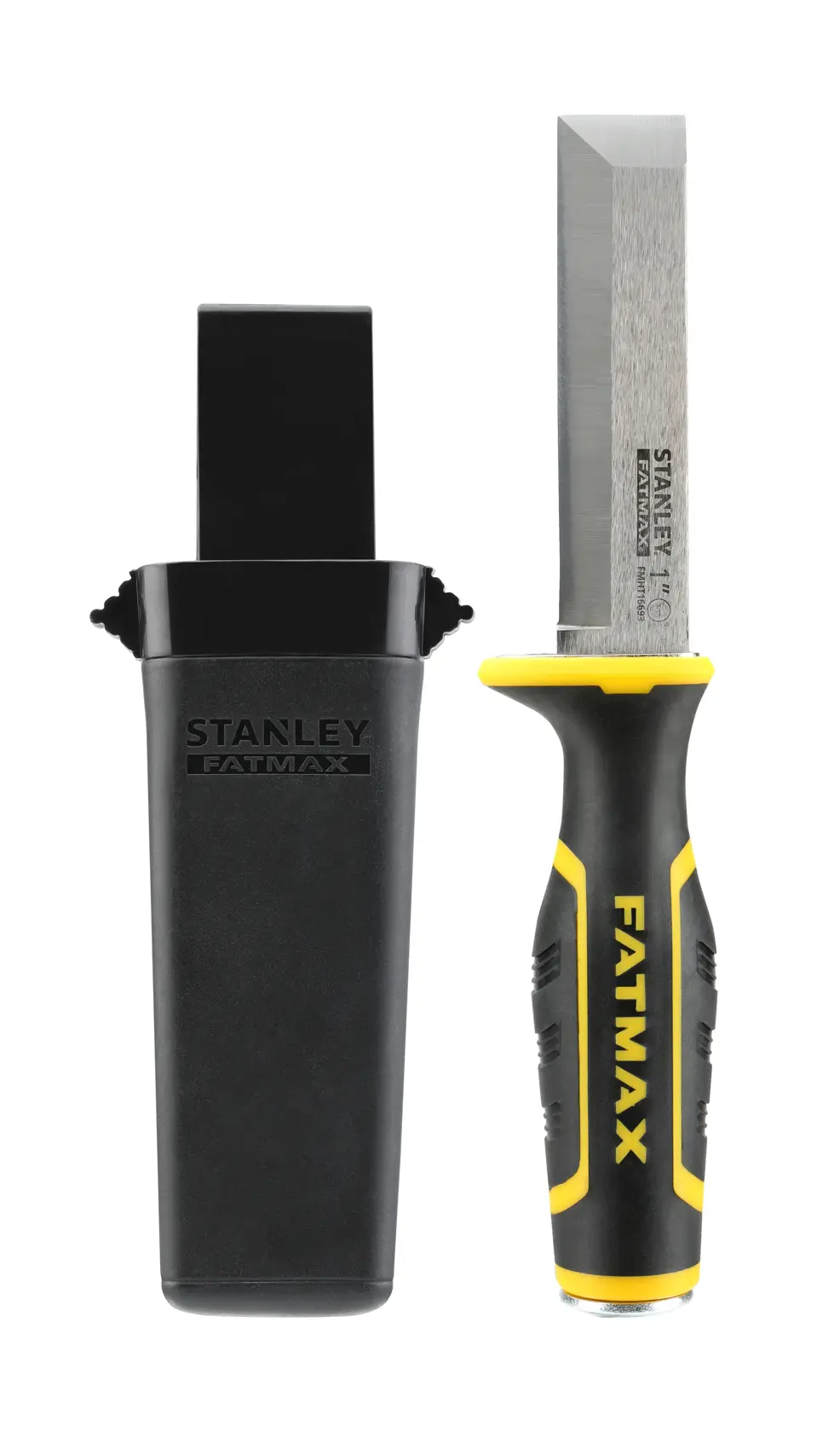 STANLEY FMHT16693-0 chisel with black and yellow handle and protective black sheath, front angle.