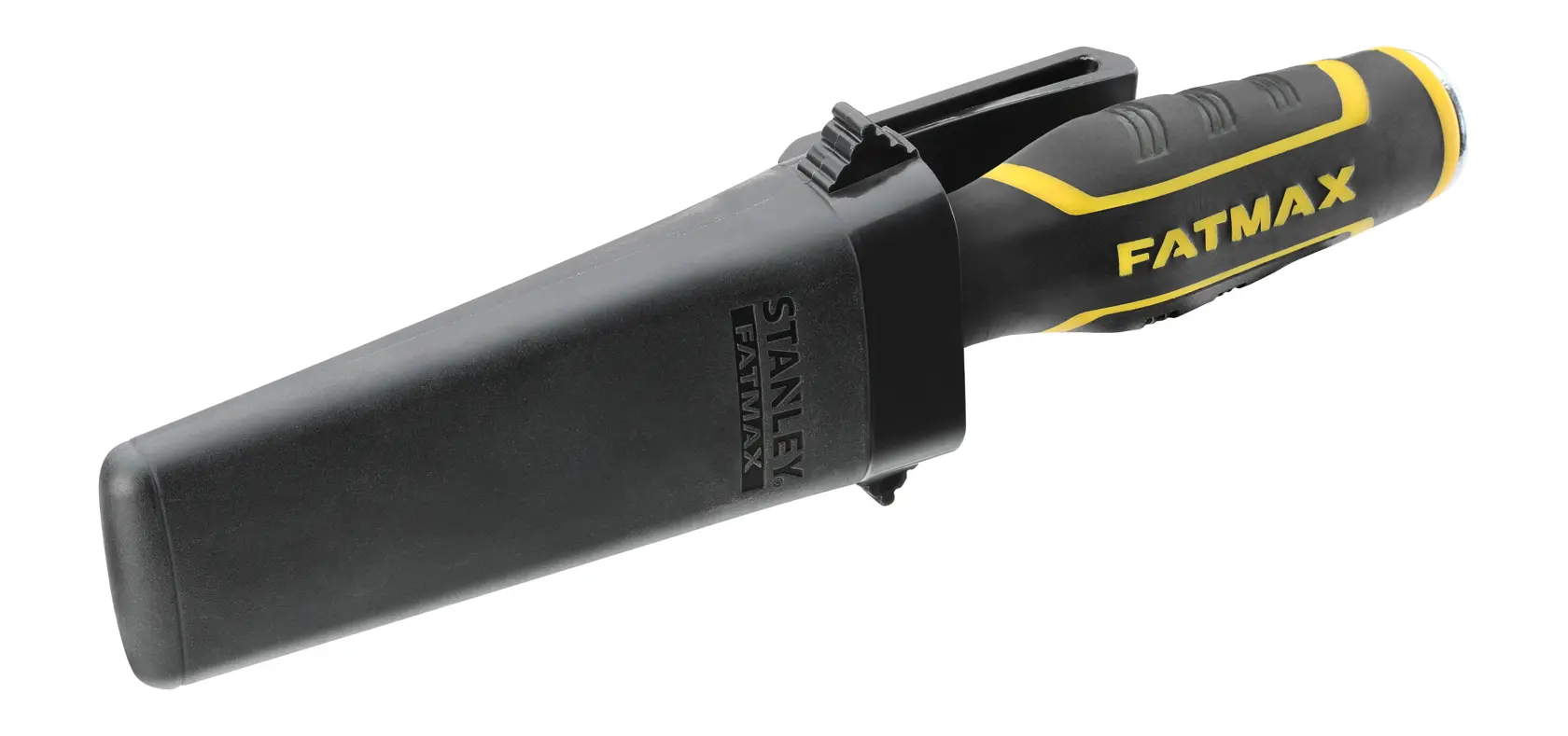 Stanley FatMax hand tool in a black sheath, yellow and black handle, designed for durable professional use.