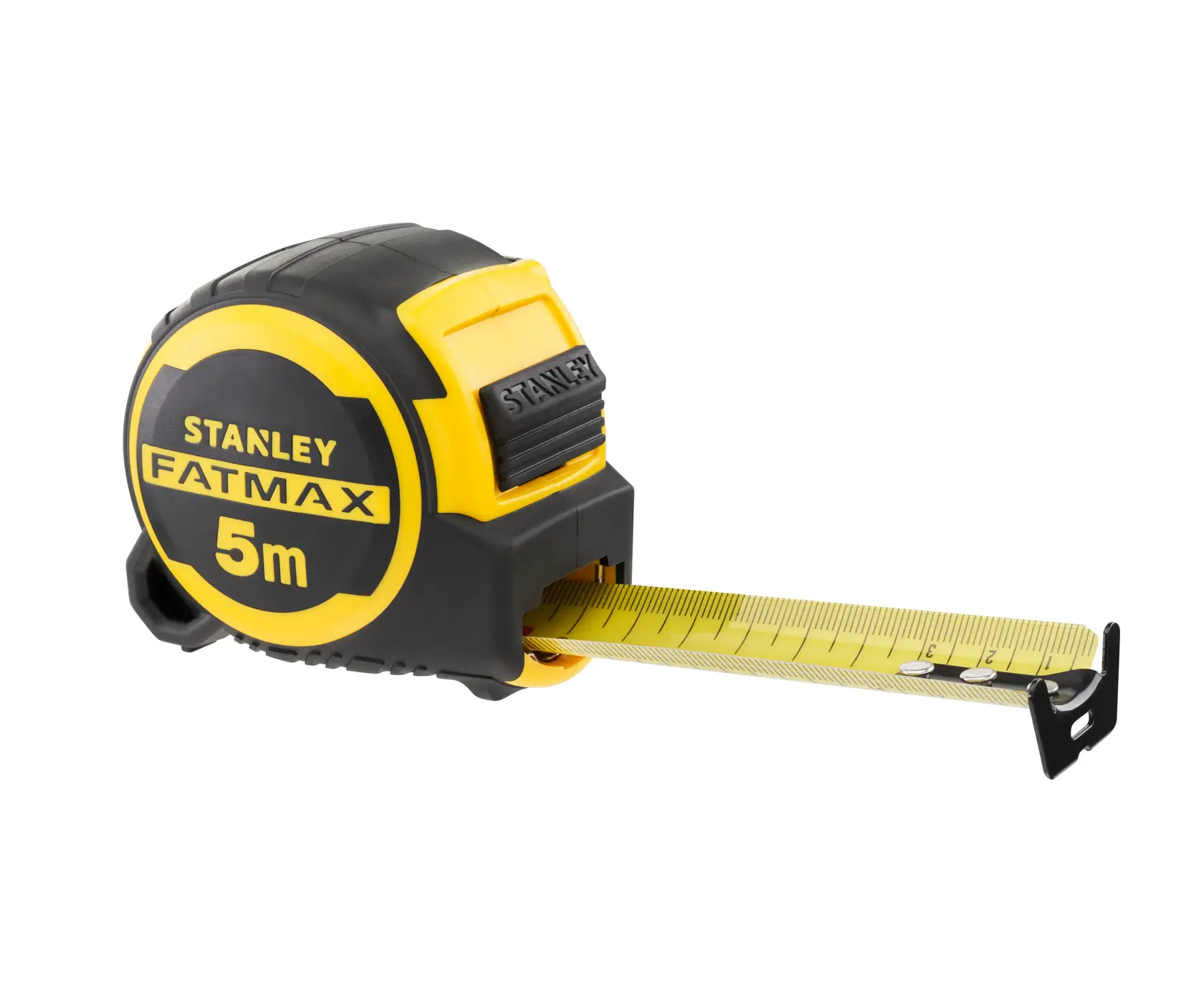 Stanley FatMax 5m tape measure in black and yellow with extended measuring tape.