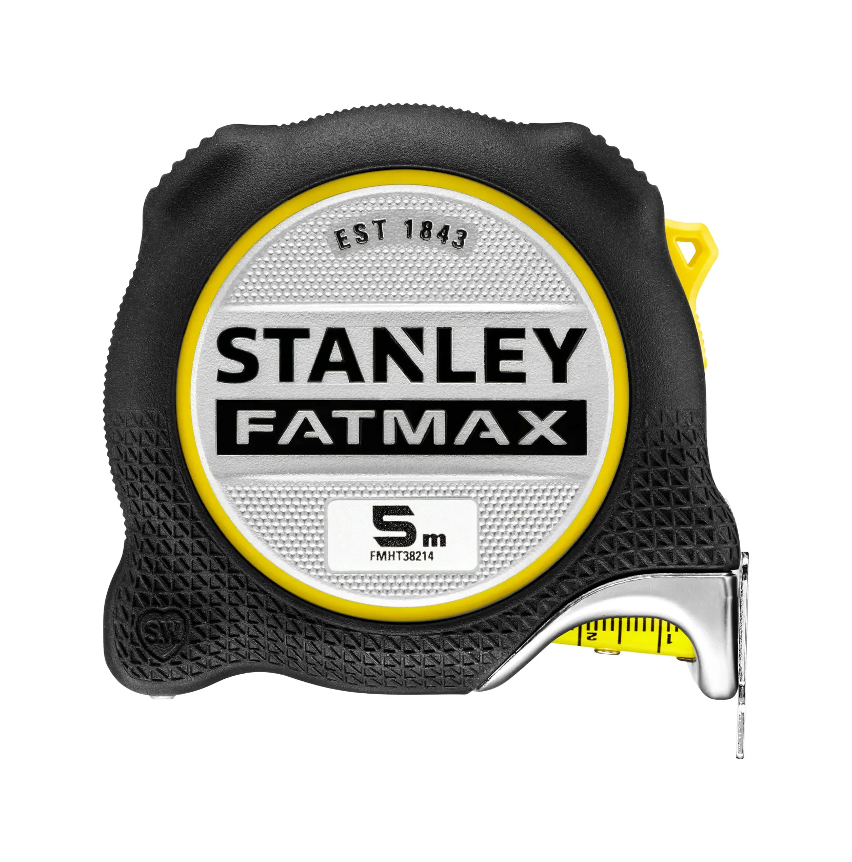 STANLEY FMHT38214-0 tape measure, FATMAX model, 5 meter, black and yellow case, front view, photography.