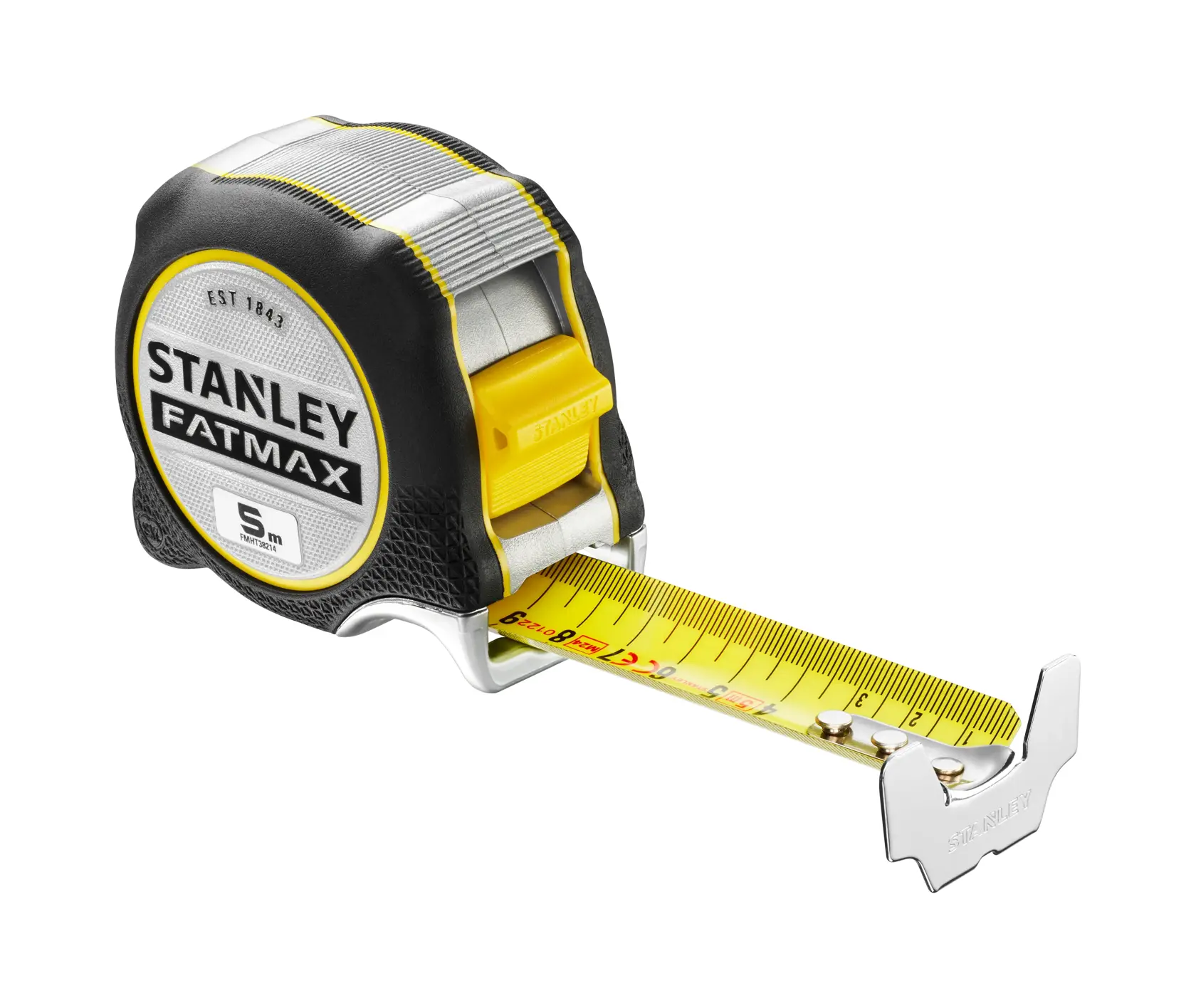 STANLEY FATMAX FMHT38214-0 tape measure, 5 meter, yellow blade, rubber case, front angle on white background.