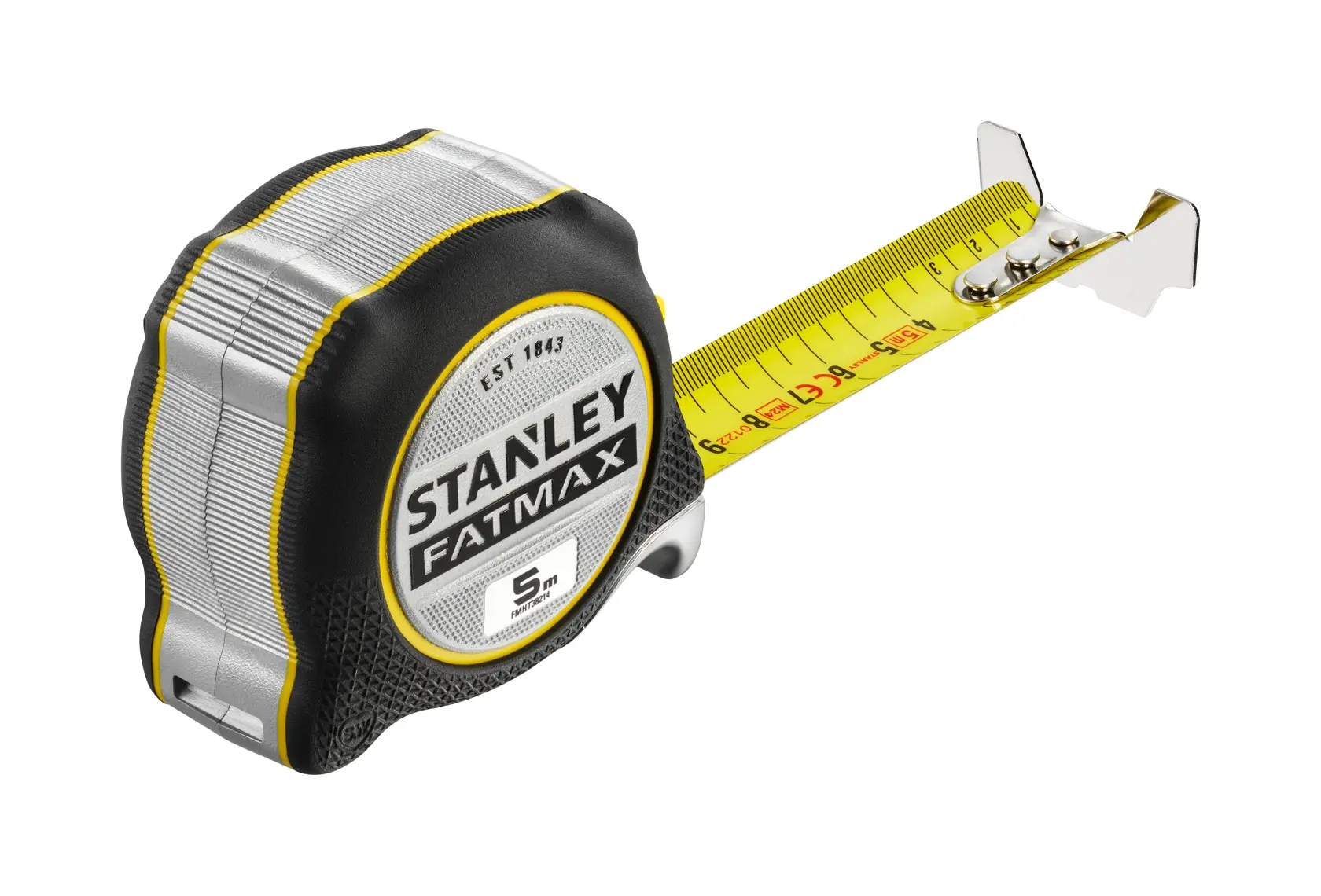 Photo of STANLEY FATMAX tape measure, SKU FMHT38214-0, black and silver casing, extended yellow blade, angled view.