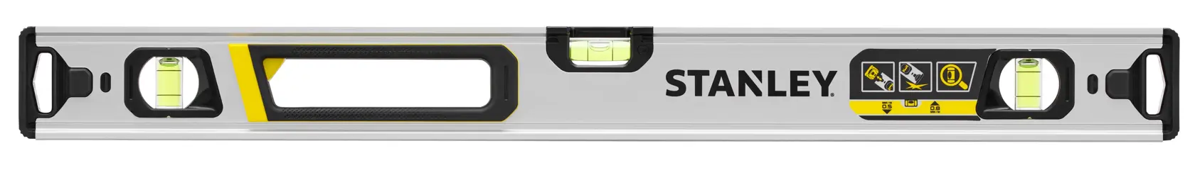 STANLEY FMHT43672 box beam level, silver with black and yellow accents, front view on white background.