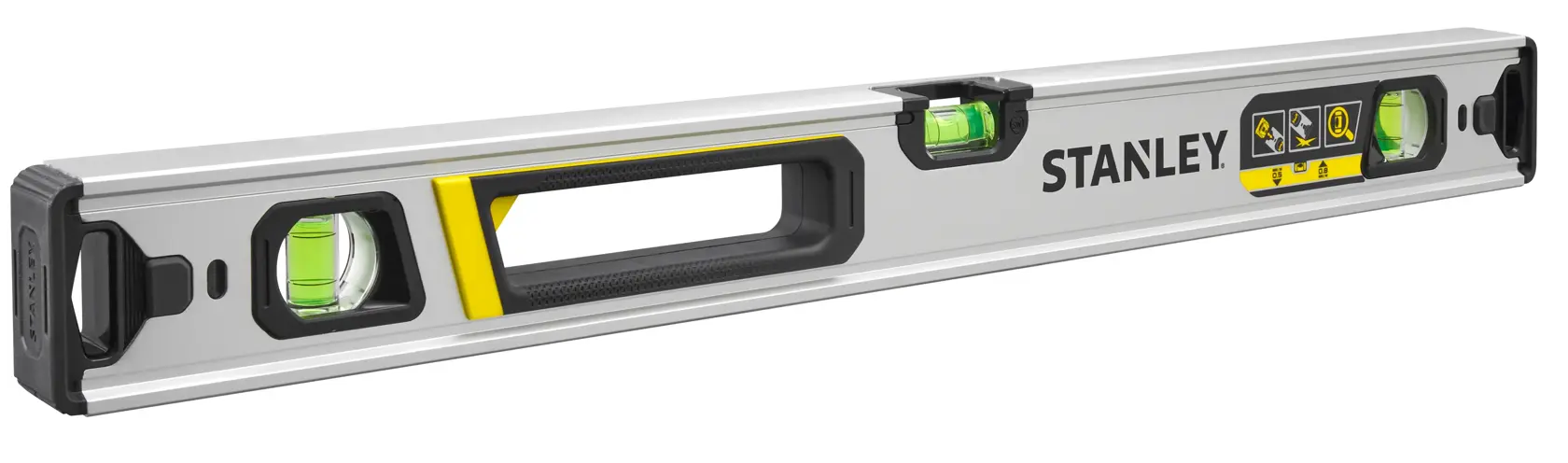 STANLEY FMHT43672 box beam level with three green vials and handle, side angle on white background.