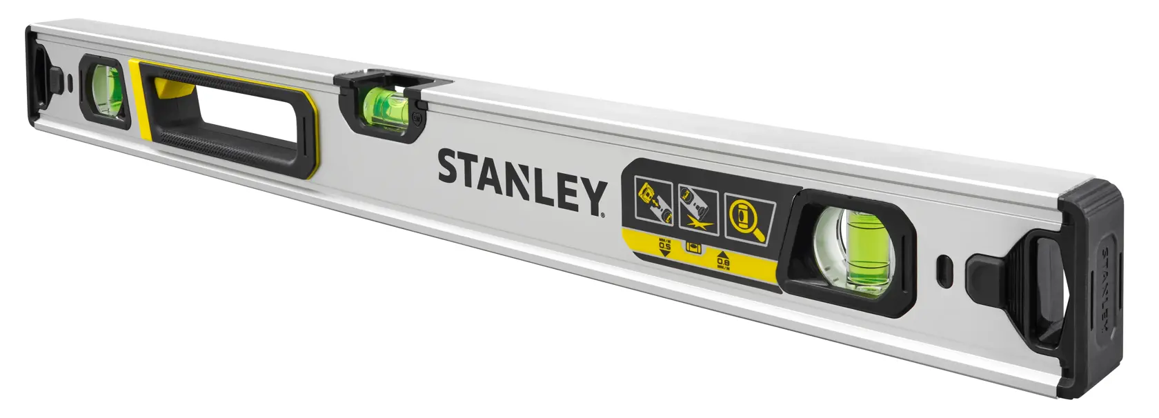 STANLEY FMHT43672 box level with three vials, silver and black, side angle, visible handle and end caps.