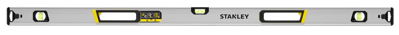 STANLEY FMHT43676-1 spirit level, silver with black and yellow accents, front angle on white background.