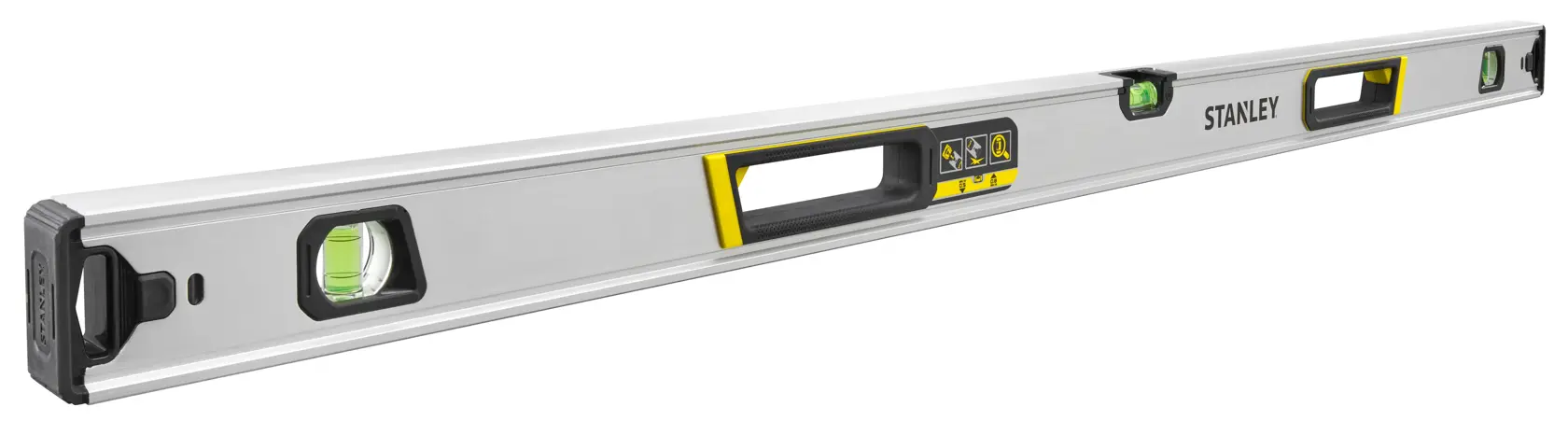 STANLEY FMHT43676-1 spirit level with aluminum body, three vials, yellow accents, angled view on white background.