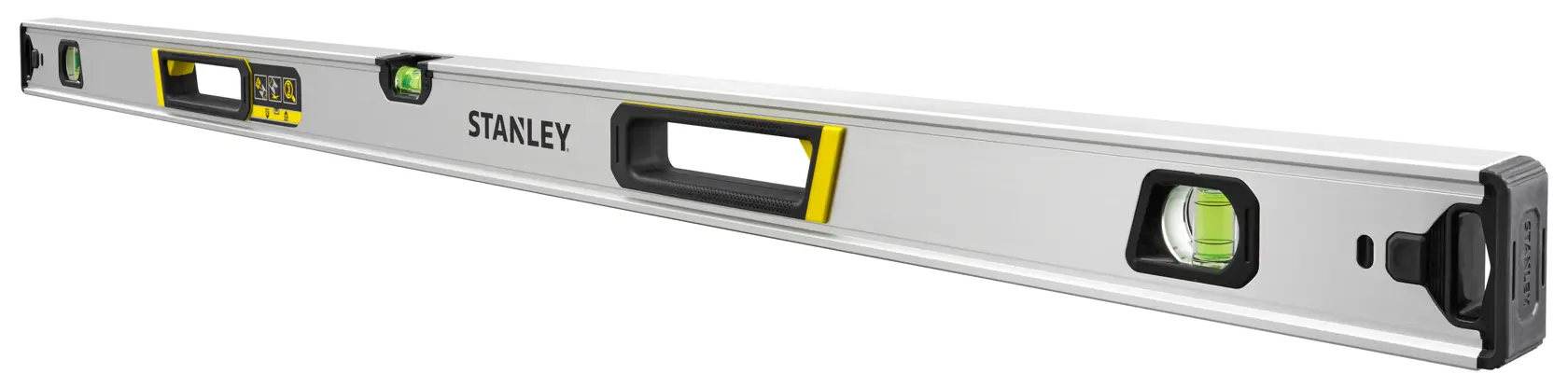 Photo of STANLEY FMHT43676-1 spirit level, silver with yellow accents, three vials, side angled view.