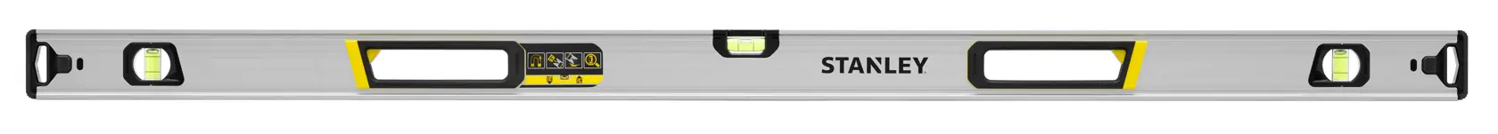 Stanley FMHT43677 aluminum box level with yellow accents, front view on white background.