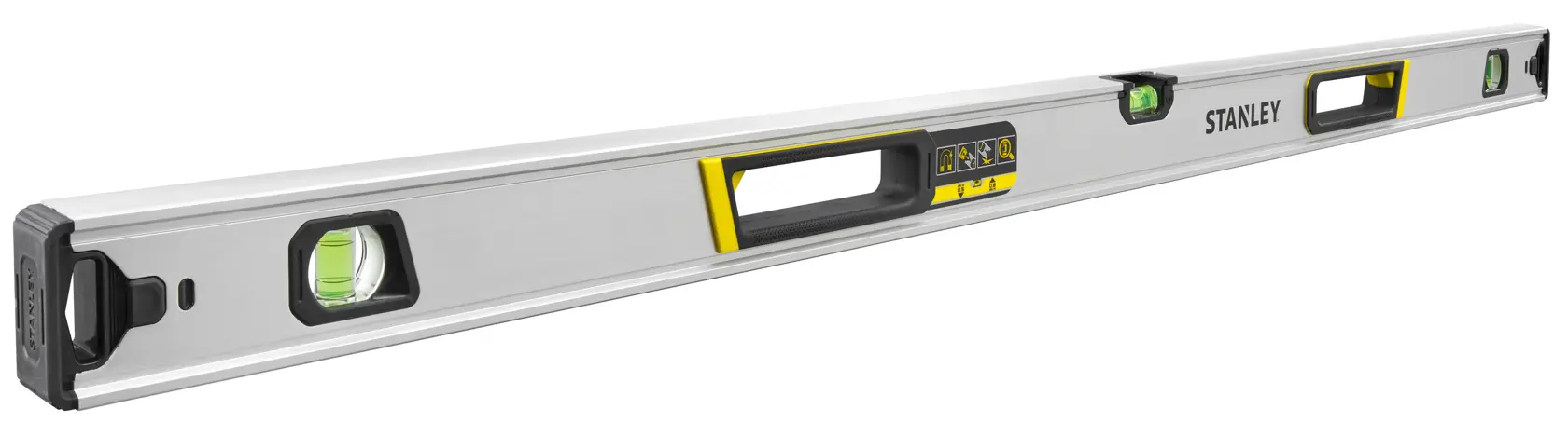 STANLEY FMHT43677 spirit level, aluminum body with yellow accents, side angle on white background.