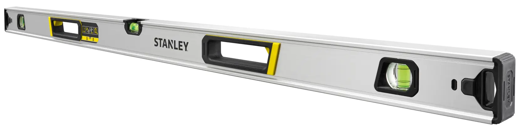 STANLEY FMHT43677 aluminum spirit level with multiple vials, silver body, left angled on white background.