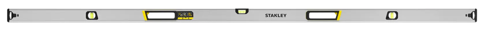 Photo of STANLEY FMHT43680-1 box beam spirit level, silver with black and yellow accents, front view on white background.