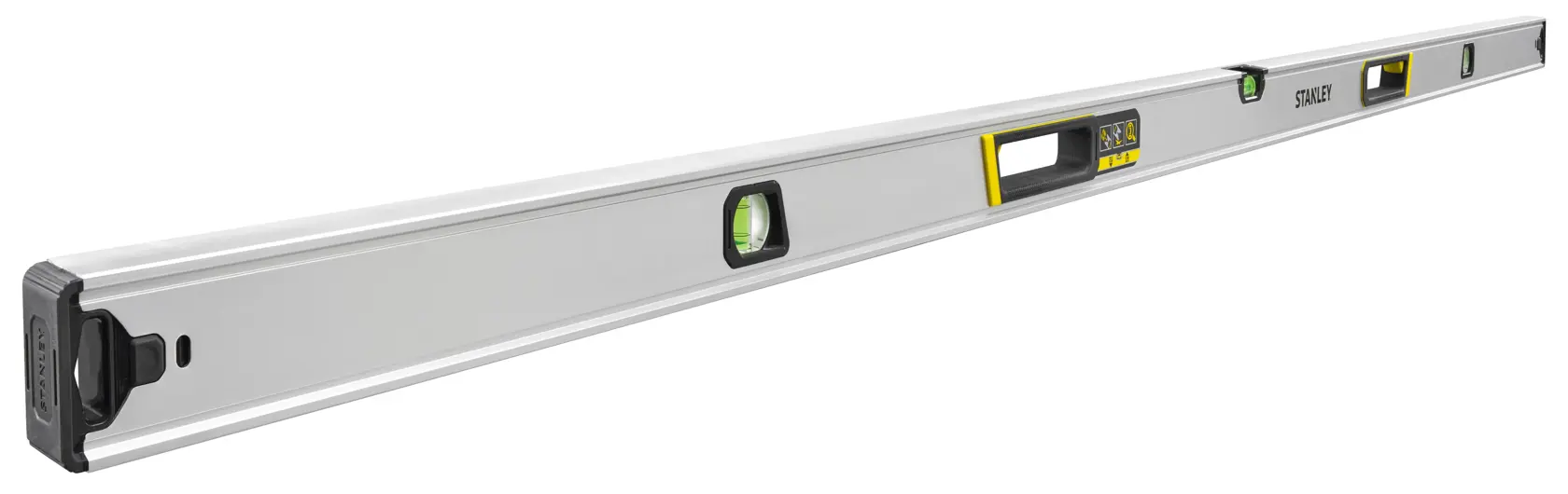 STANLEY FMHT43680-1 spirit level with aluminum body, three vials, and ergonomic handles, side angle on white background.