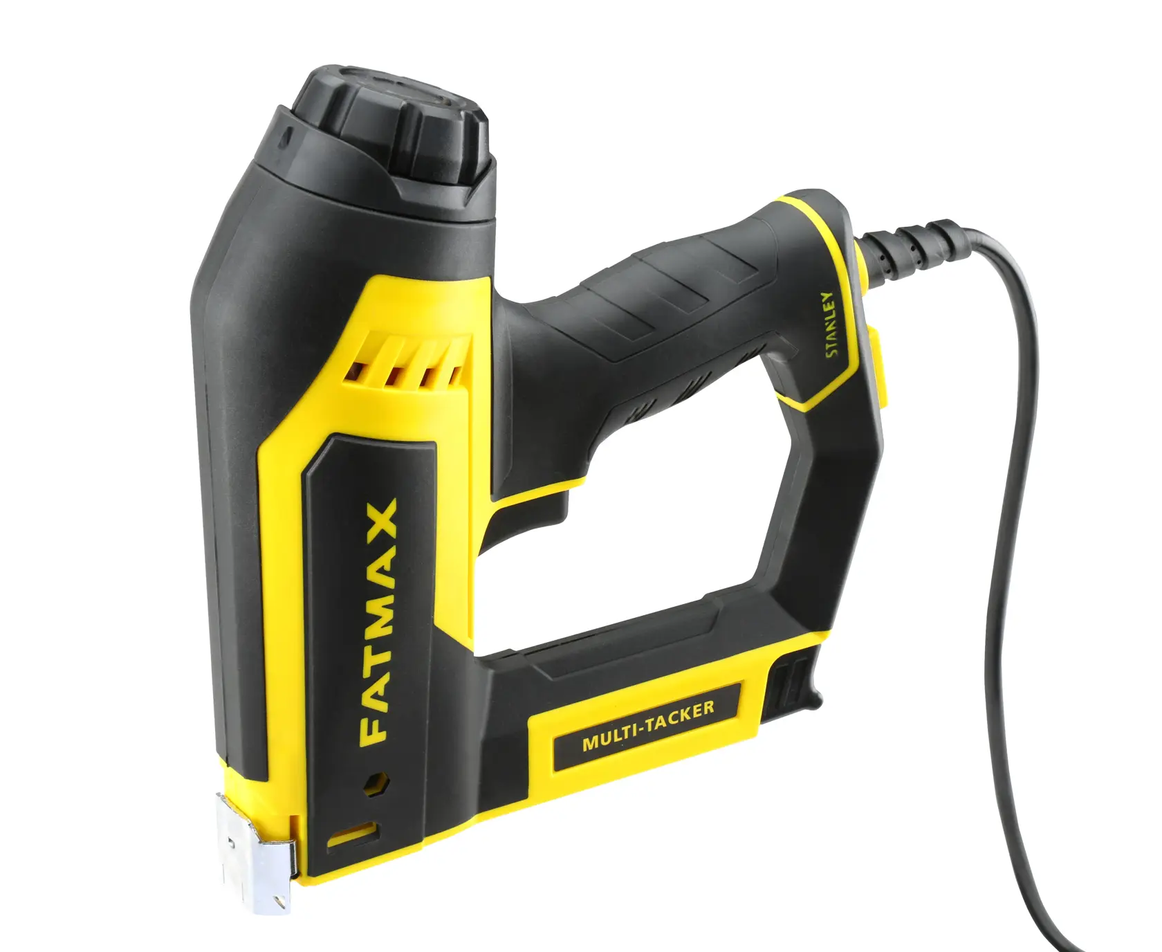 STANLEY FMHT6-75934 multi-tacker with power cord, yellow and black, angled view on white background.