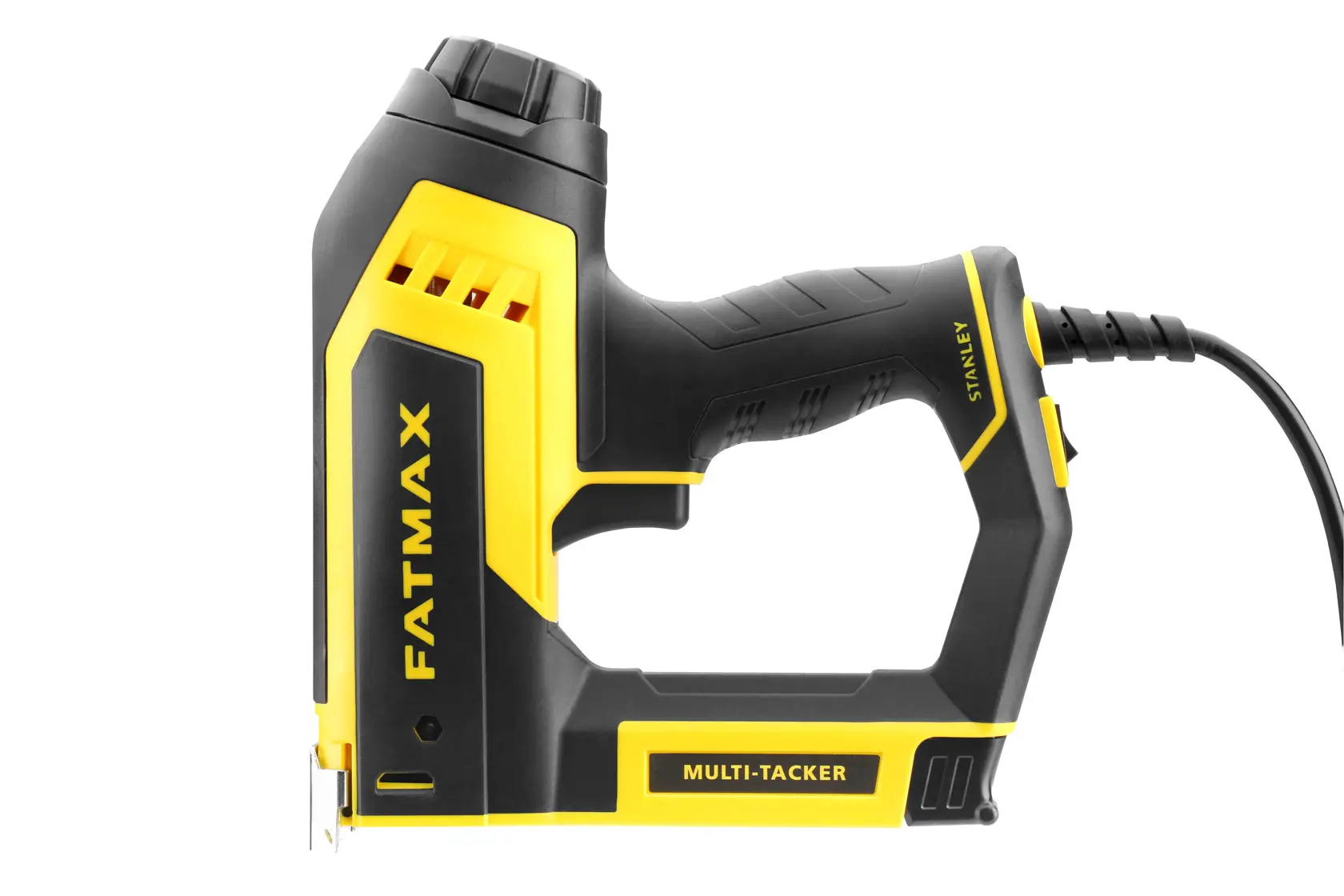 Stanley FatMax Multi-Tacker electric stapler in black and yellow with cord, shown from the side.