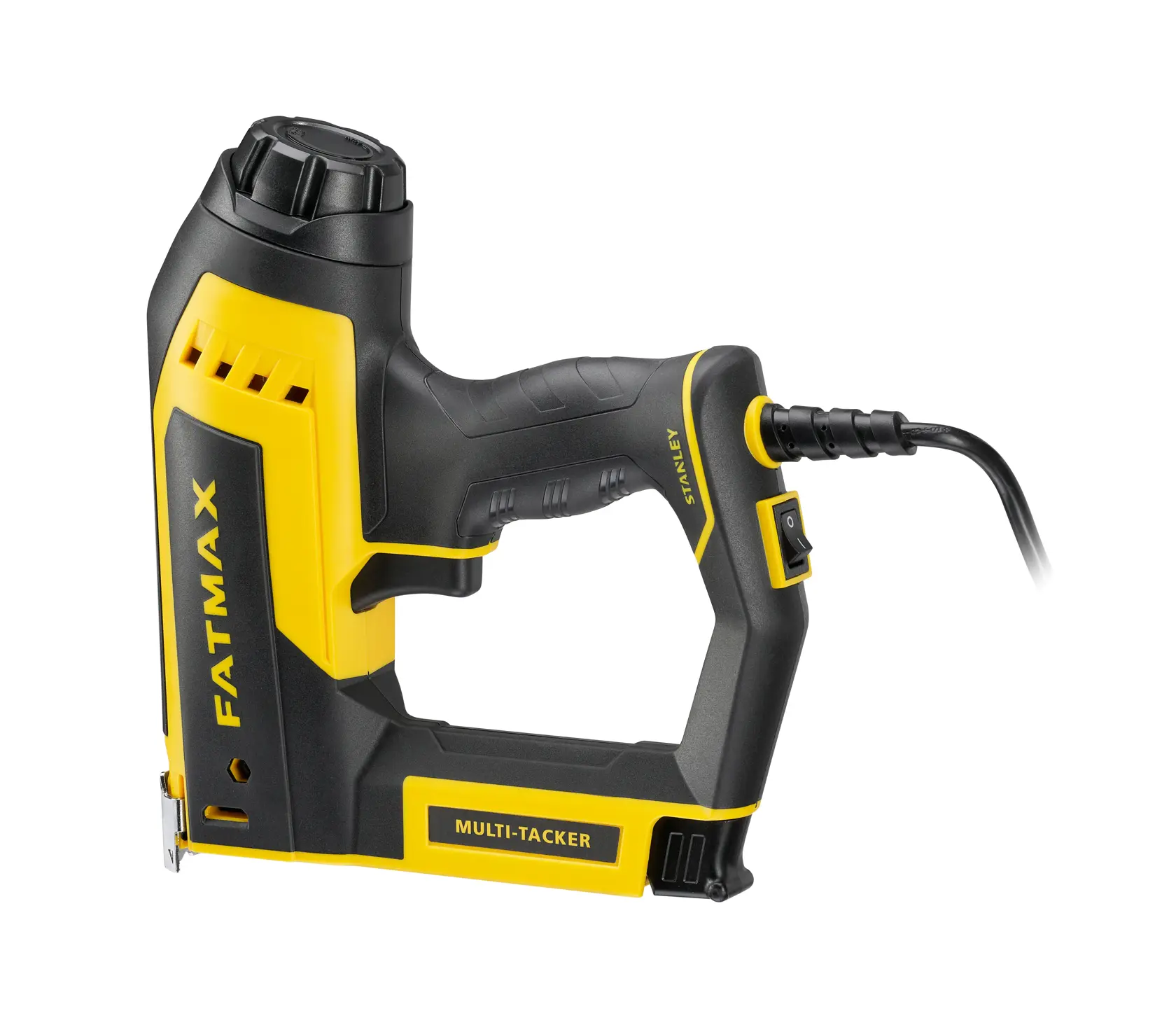 Photo of STANLEY FATMAX FMHT6-75934 electric multi-tacker, yellow and black, side angle on white background.