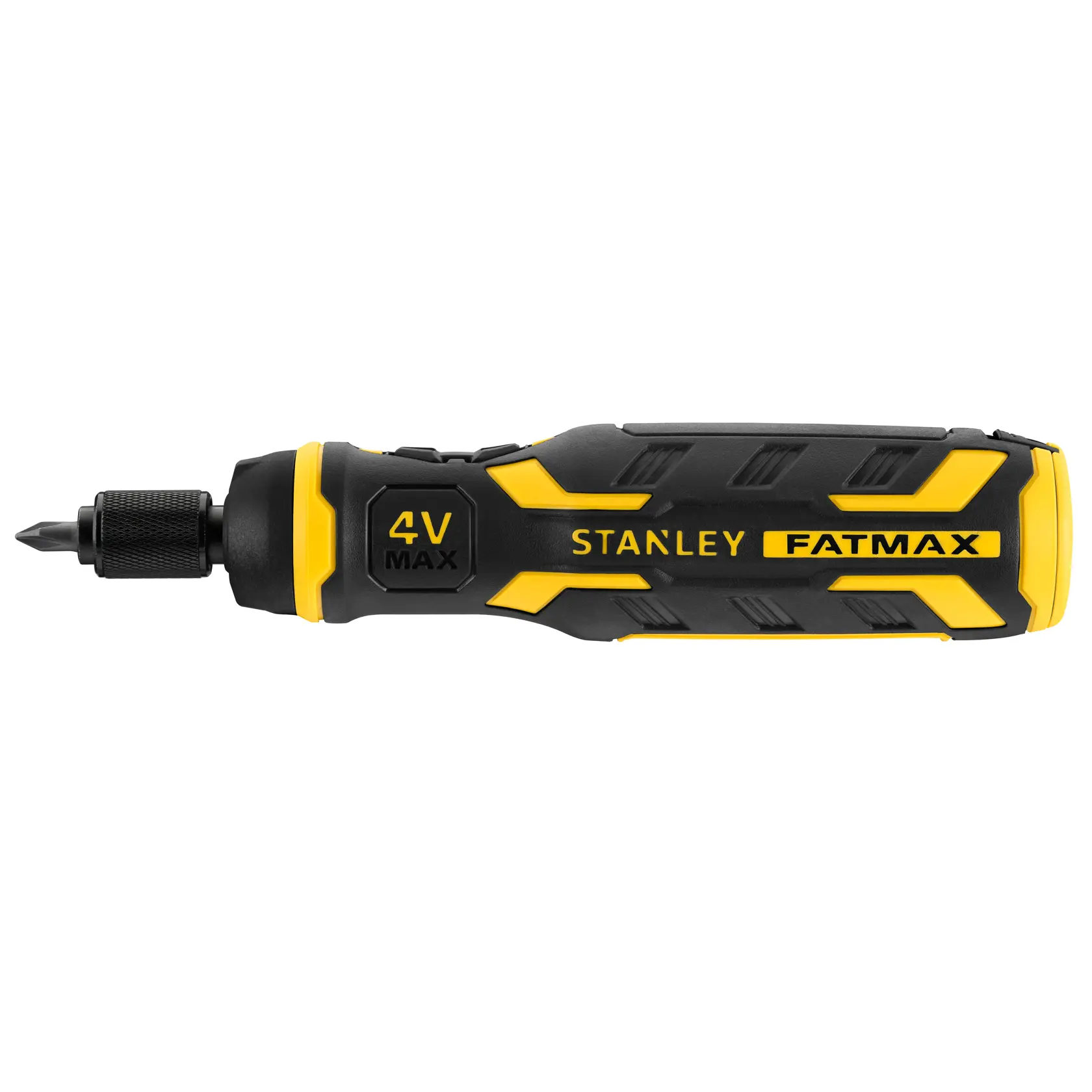 Photo of STANLEY FMHT66719-0 black and yellow cordless 4V electric screwdriver, side view on white background.