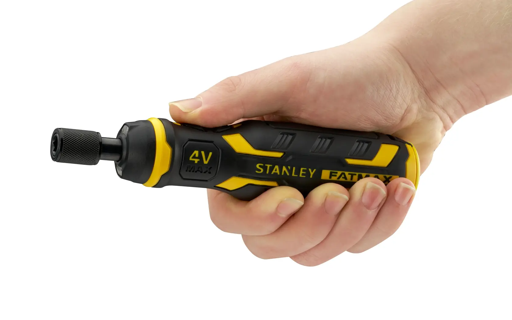 STANLEY FMHT66719-0 black and yellow cordless screwdriver held in hand, side angle, photography.
