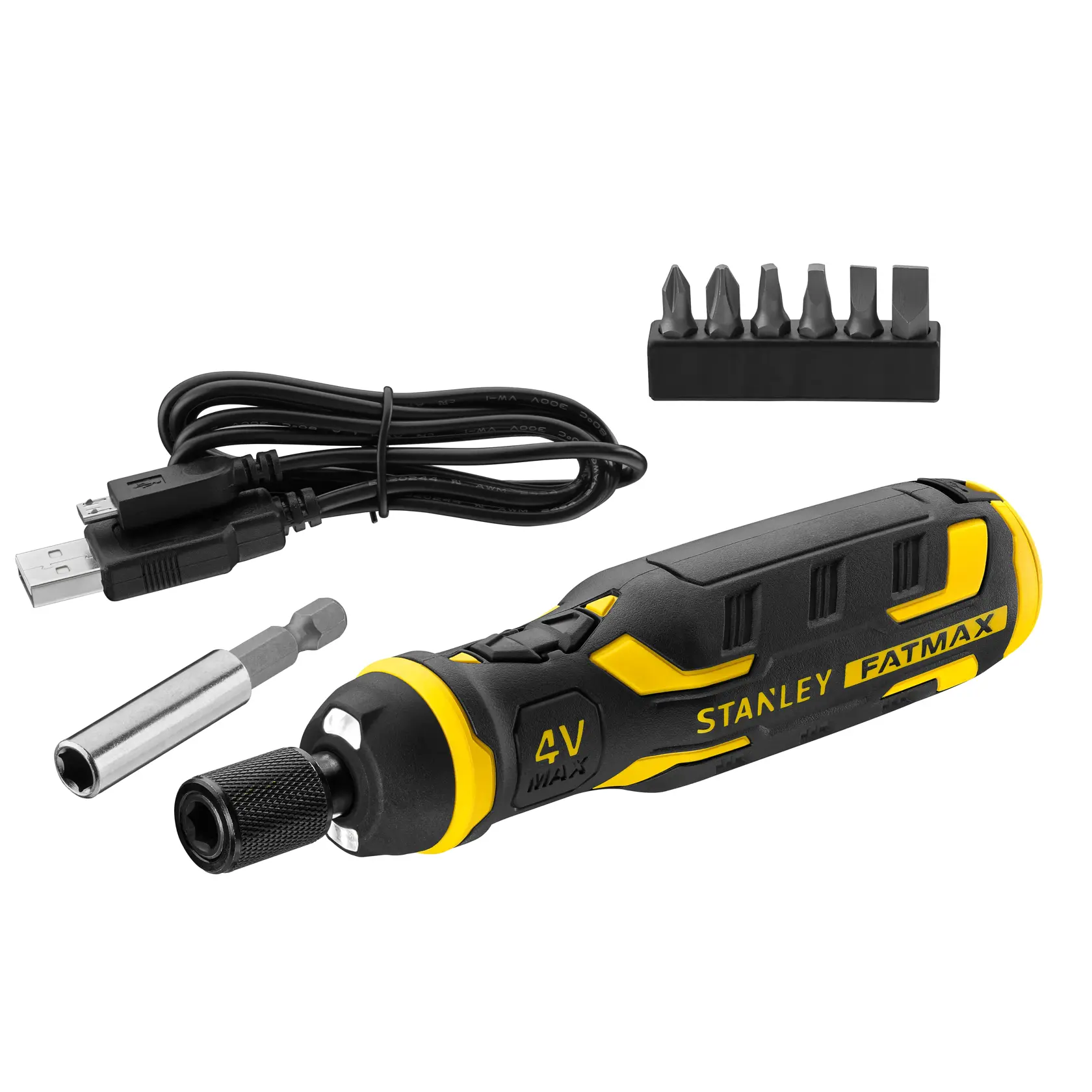 STANLEY FMHT66719-0 cordless screwdriver set with USB cable, bits, and adapter, product side angle.