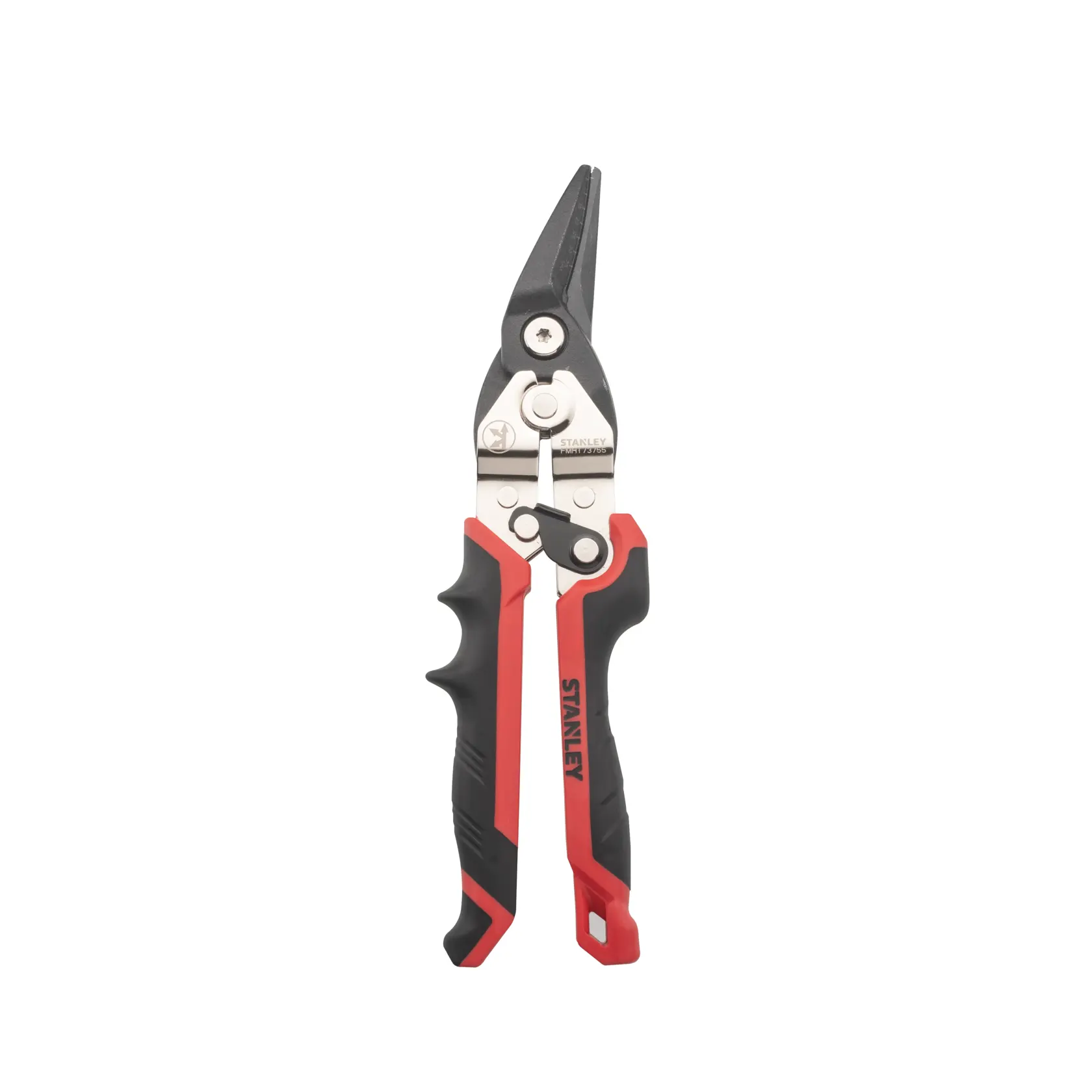 Stanley straight-cut aviation snips with black and red ergonomic handles, front view on white background