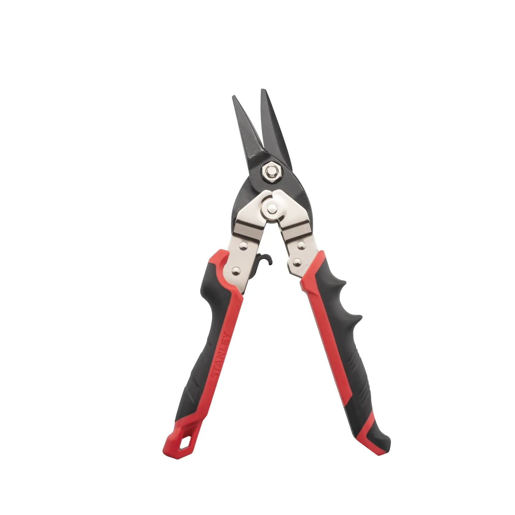 Stanley straight-cut aviation snips front view, black blades, red and black ergonomic handles
