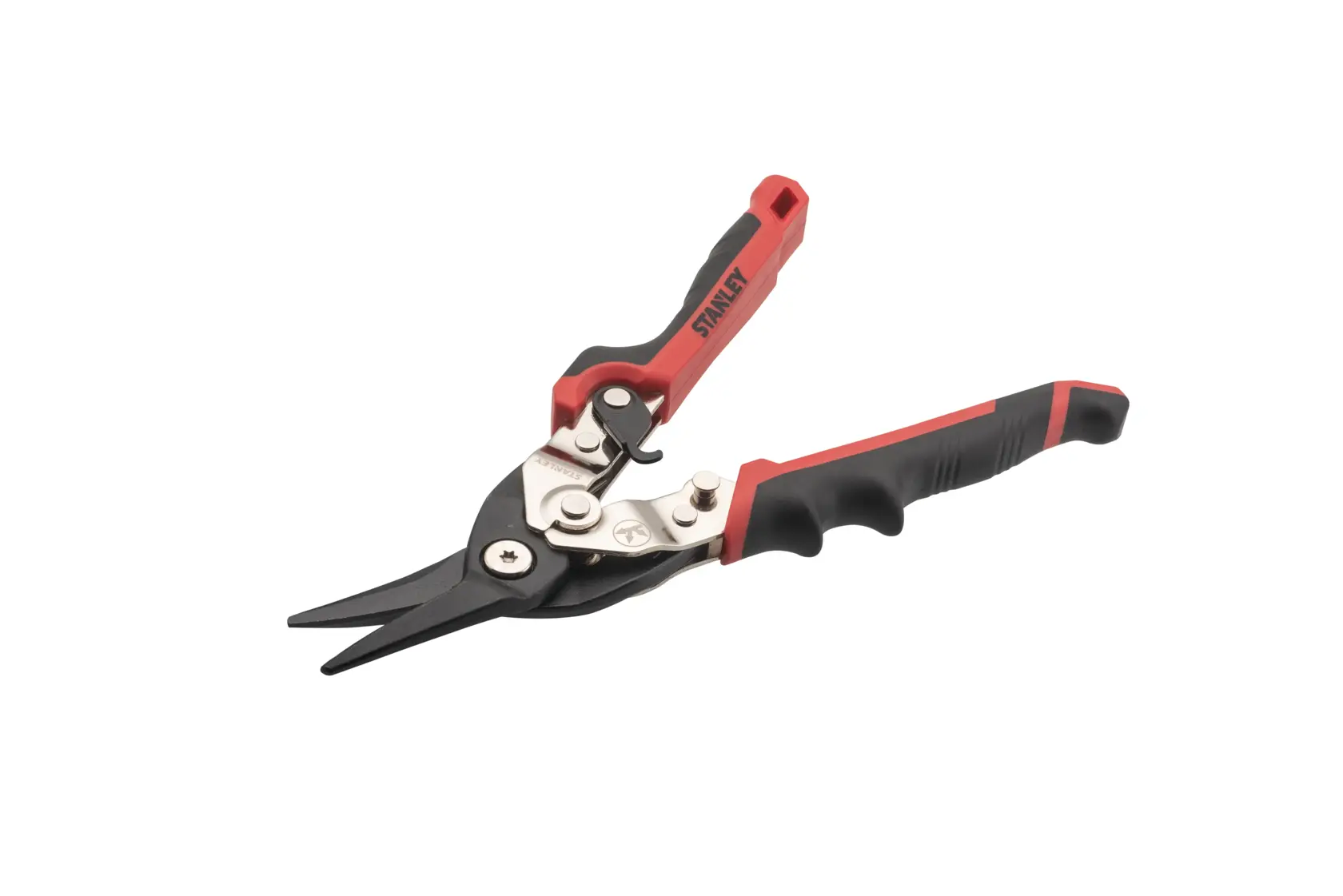 STANLEY FMHT73755 aviation snip with black curved blades and black-red ergonomic handles, side angle on white background.