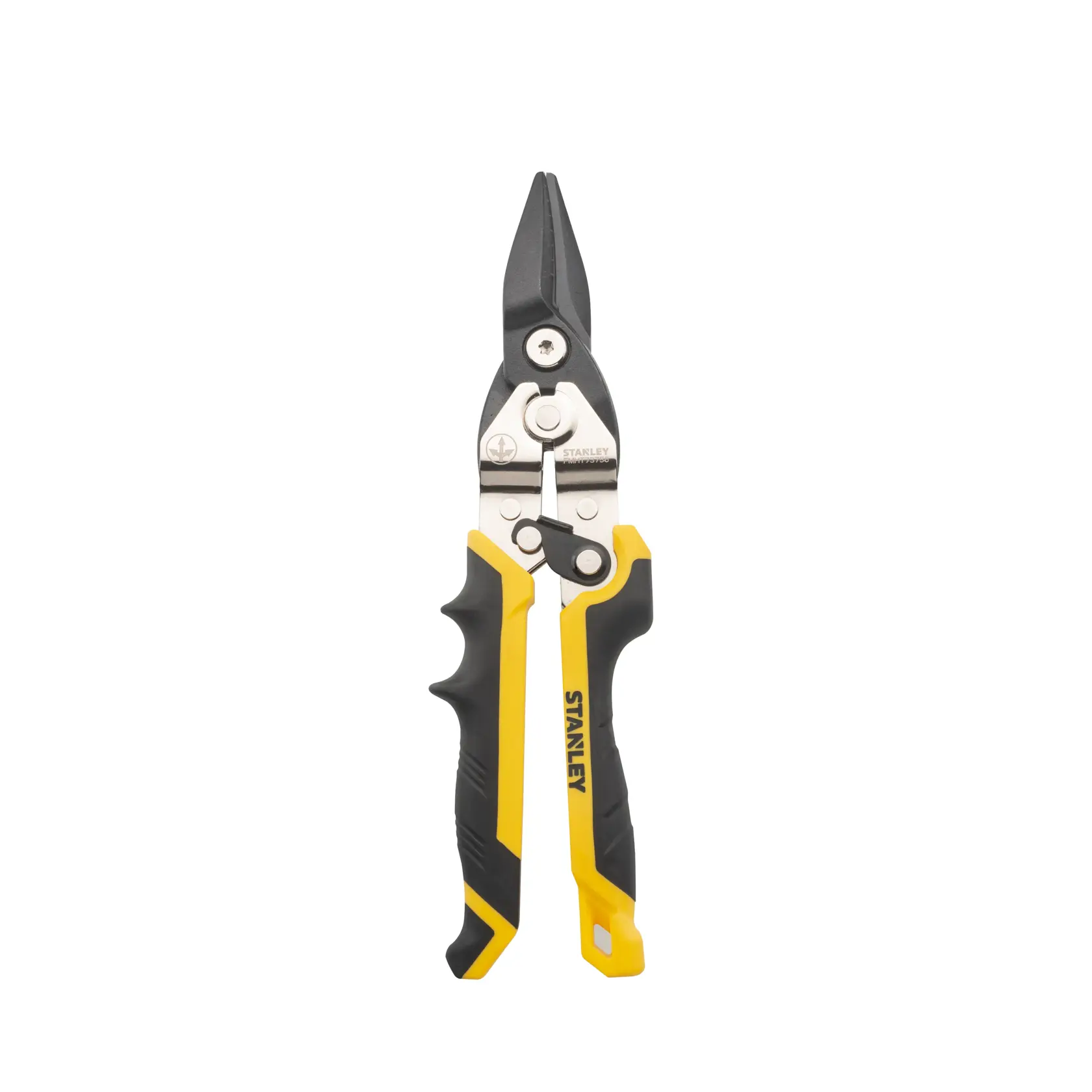 Stanley straight cut aviation snips front view, black and yellow ergonomic handles, white background
