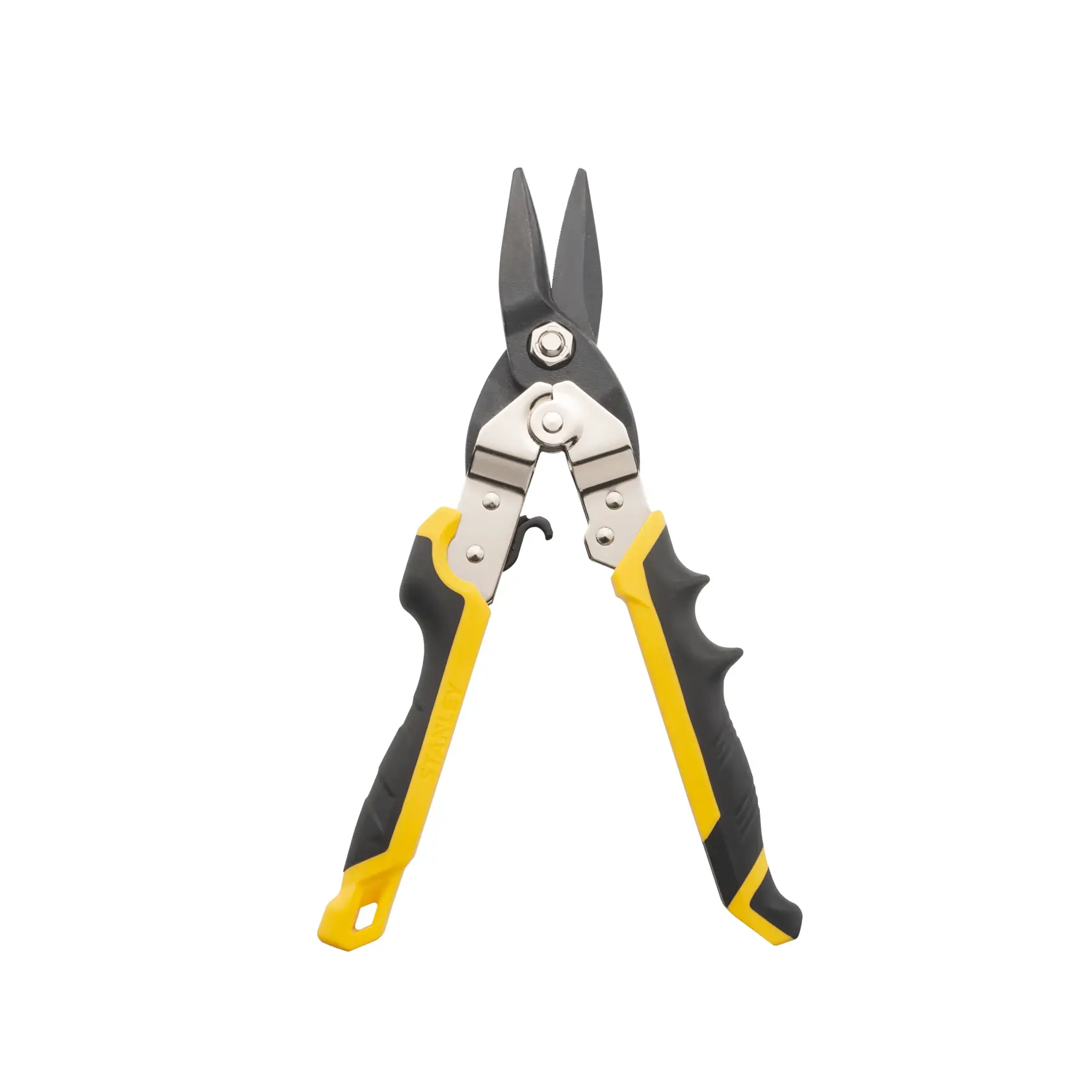 Stanley straight cut aviation snips with yellow and black ergonomic handles, front angle on white background