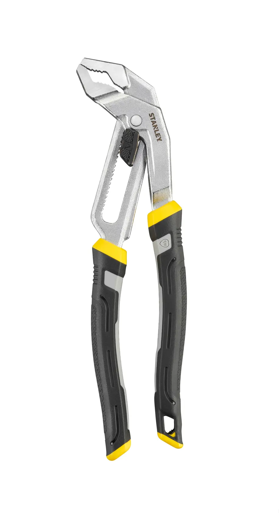 STANLEY FMHT75508-0 adjustable water pump pliers with black and yellow handles, front angle on white background.