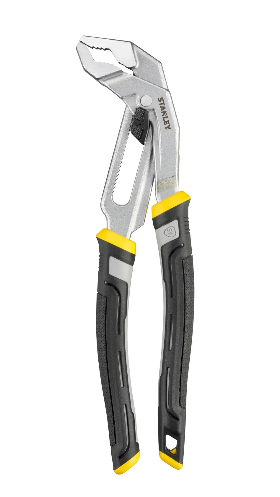 Photo of STANLEY FMHT75510-0 adjustable groove joint pliers with black and yellow handles, front angle view.