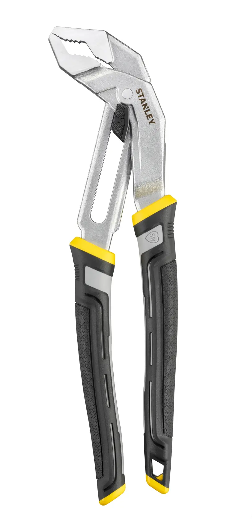 STANLEY FMHT75512-0 adjustable groove joint pliers with black and yellow ergonomic handles, front view.