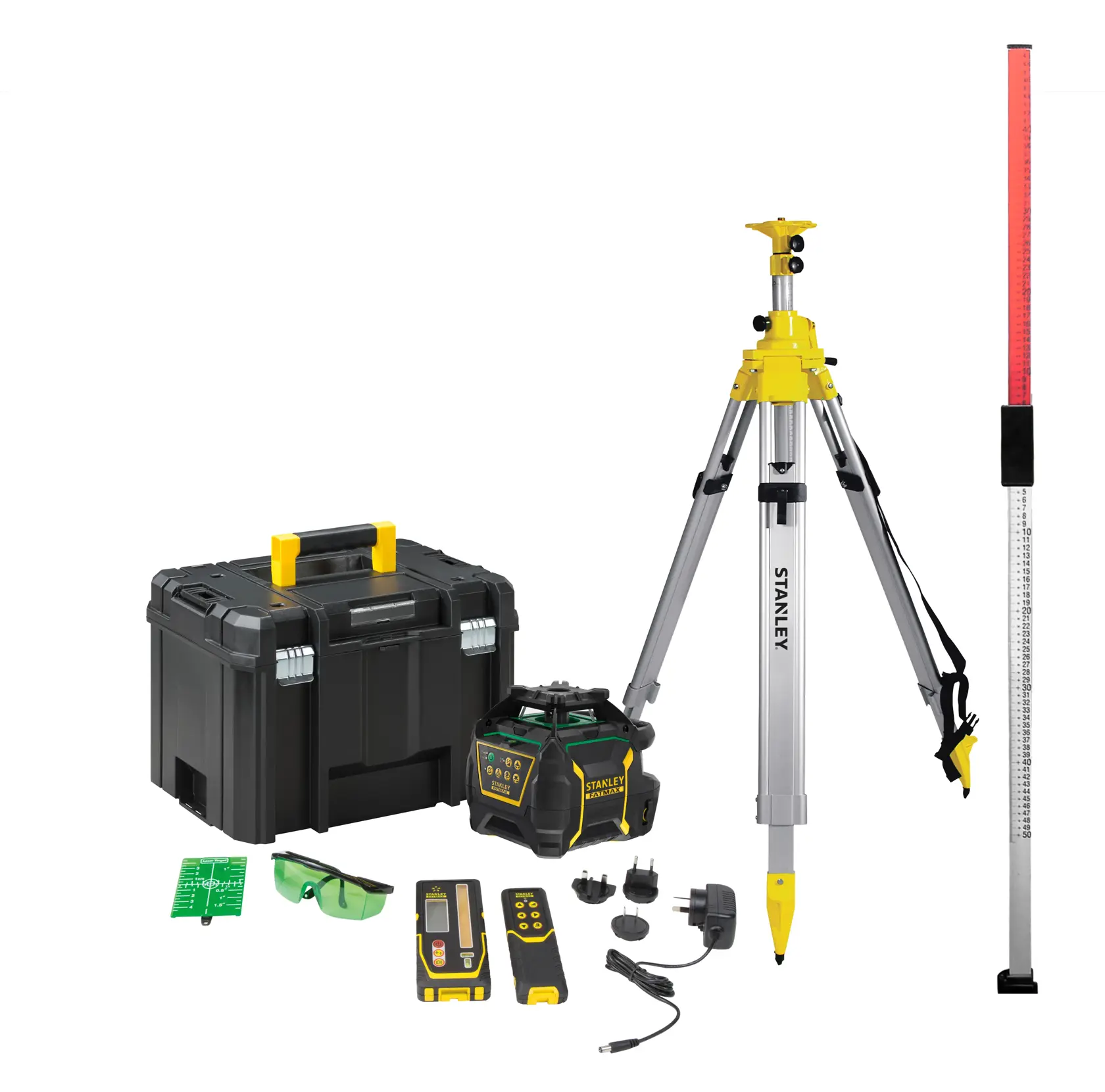 STANLEY laser level kit with tripod, case, receiver, ruler, power adapters, and accessories for surveying.