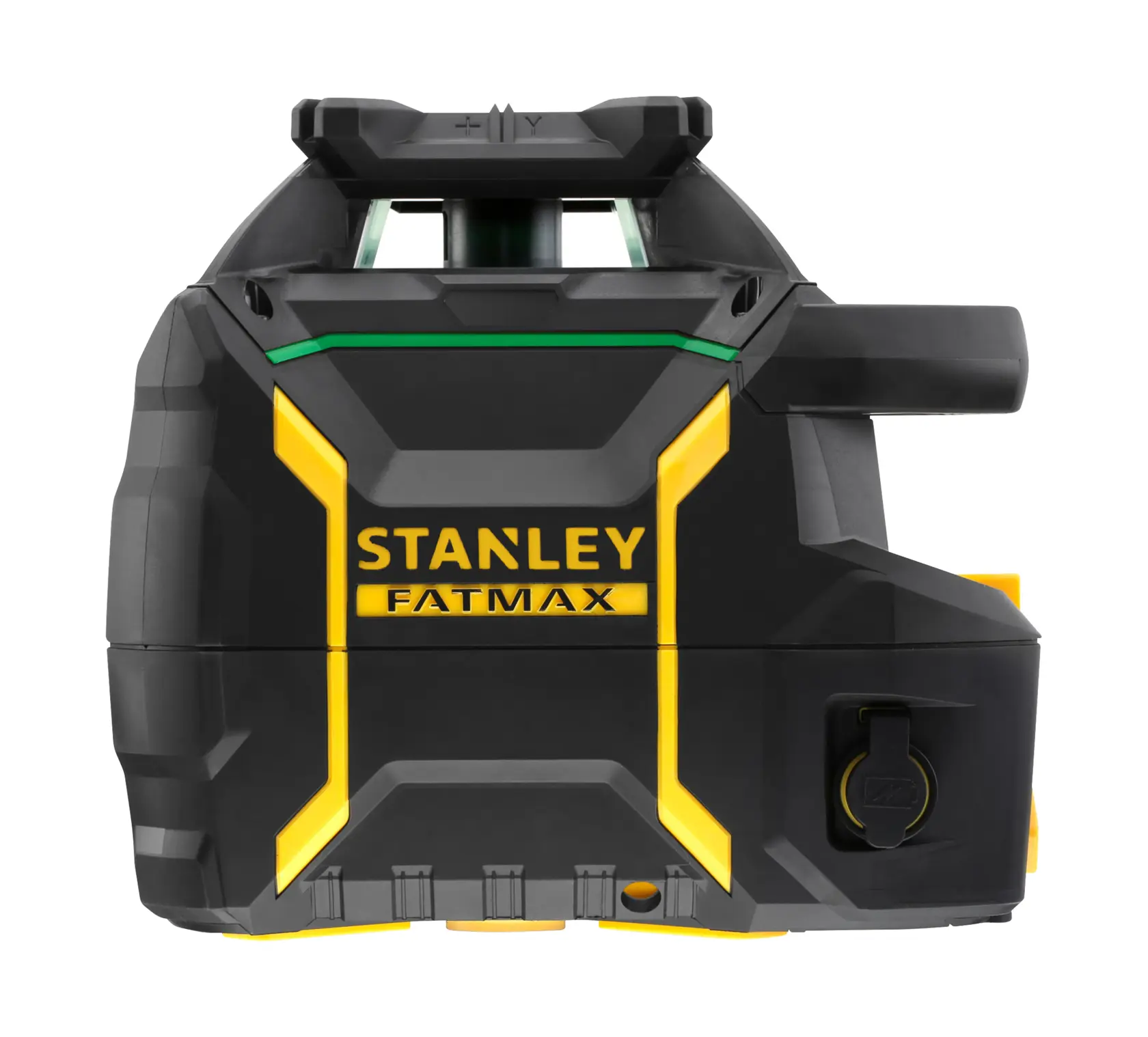 Stanley Fatmax laser level device in black and yellow, front view, used for precise alignment in construction.