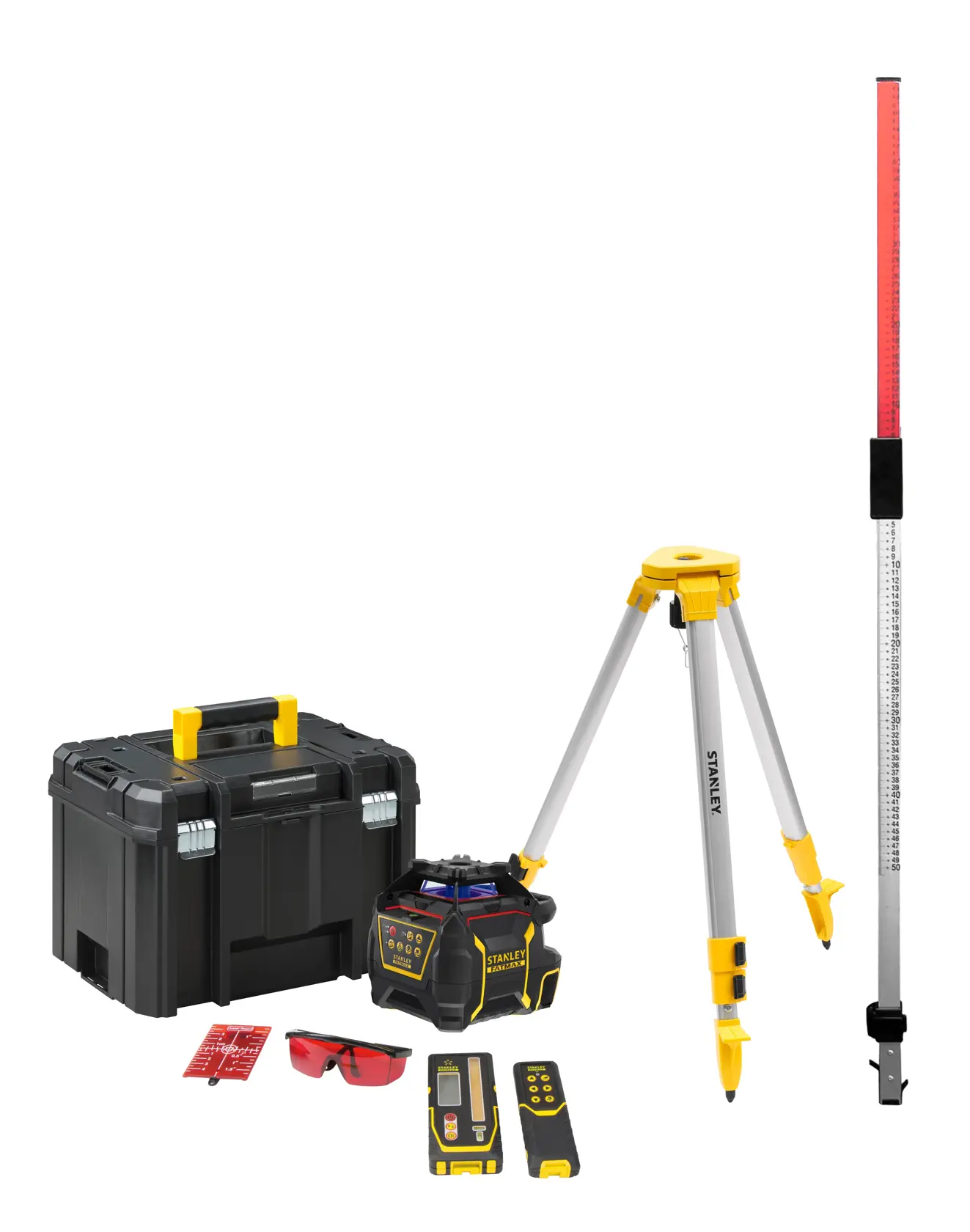 Stanley laser level kit with tripod, case, staff, remote, target, and safety glasses.