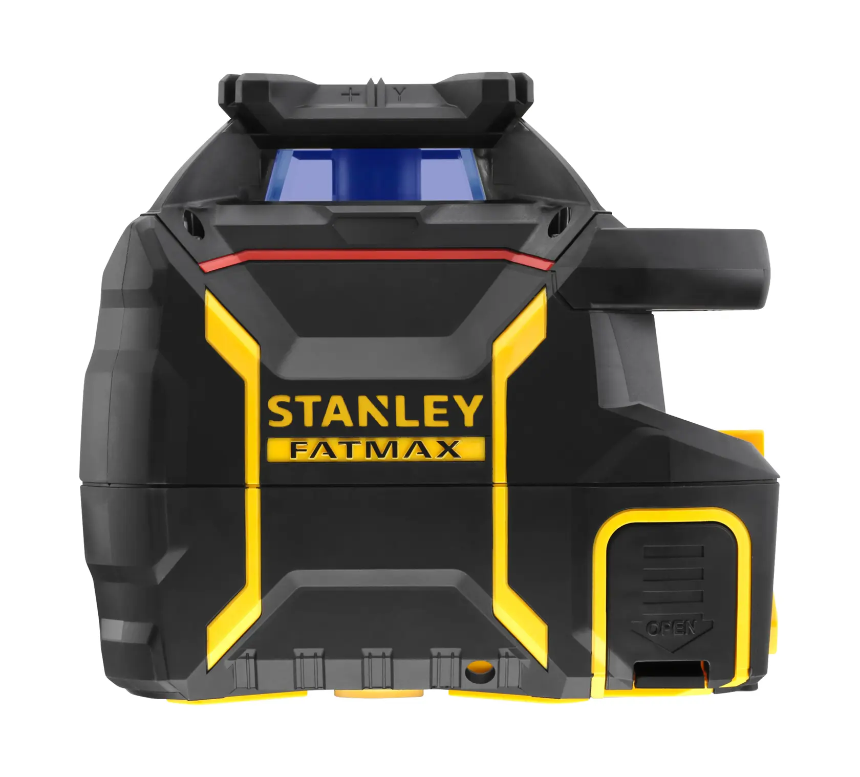 Stanley Fatmax laser level device in black and yellow, front view.