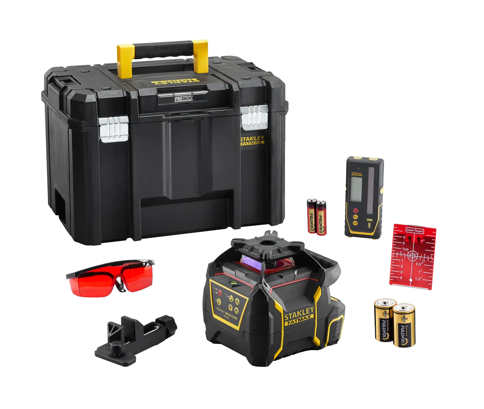 STANLEY FMHT77446-1 laser level kit with black toolbox, red glasses, batteries, detector, target, mount, front angle