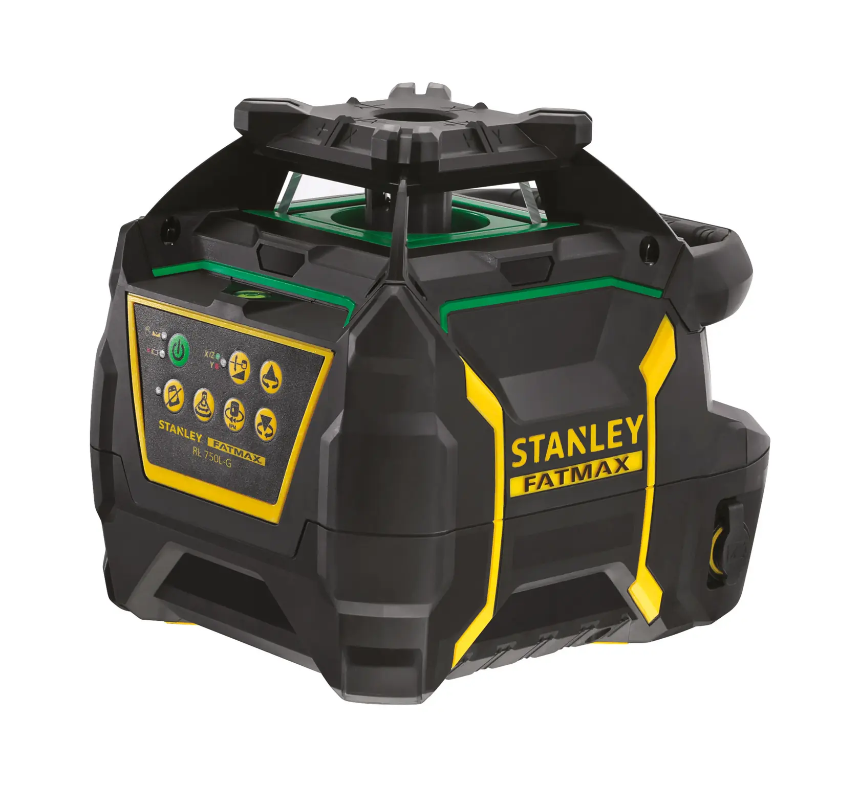 Stanley Fatmax RL 750-G rotary laser level in black and yellow, used for precise leveling in photography or construction.