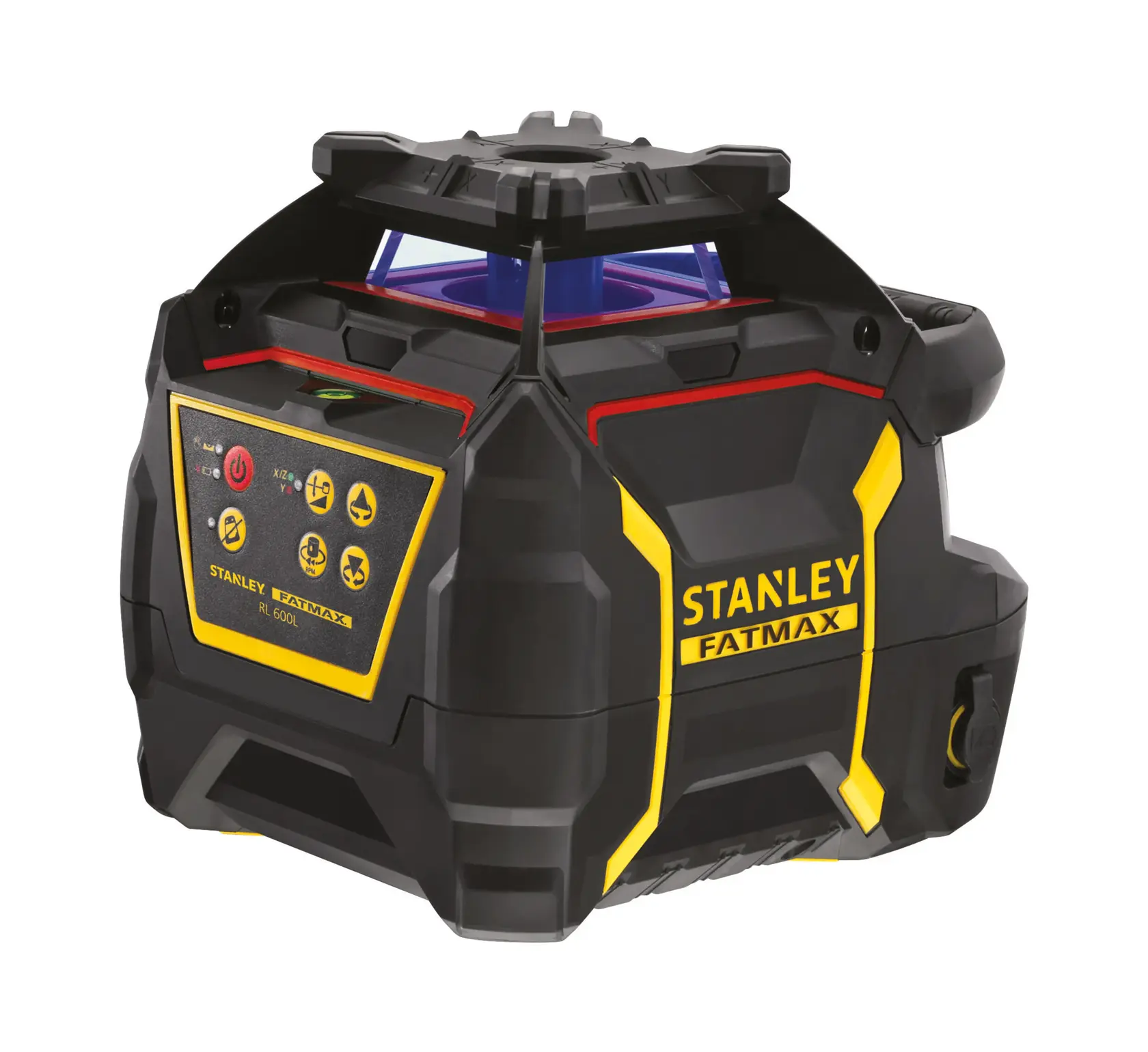 Stanley Fatmax RL600L rotary laser level, black and yellow, control panel and sturdy design.