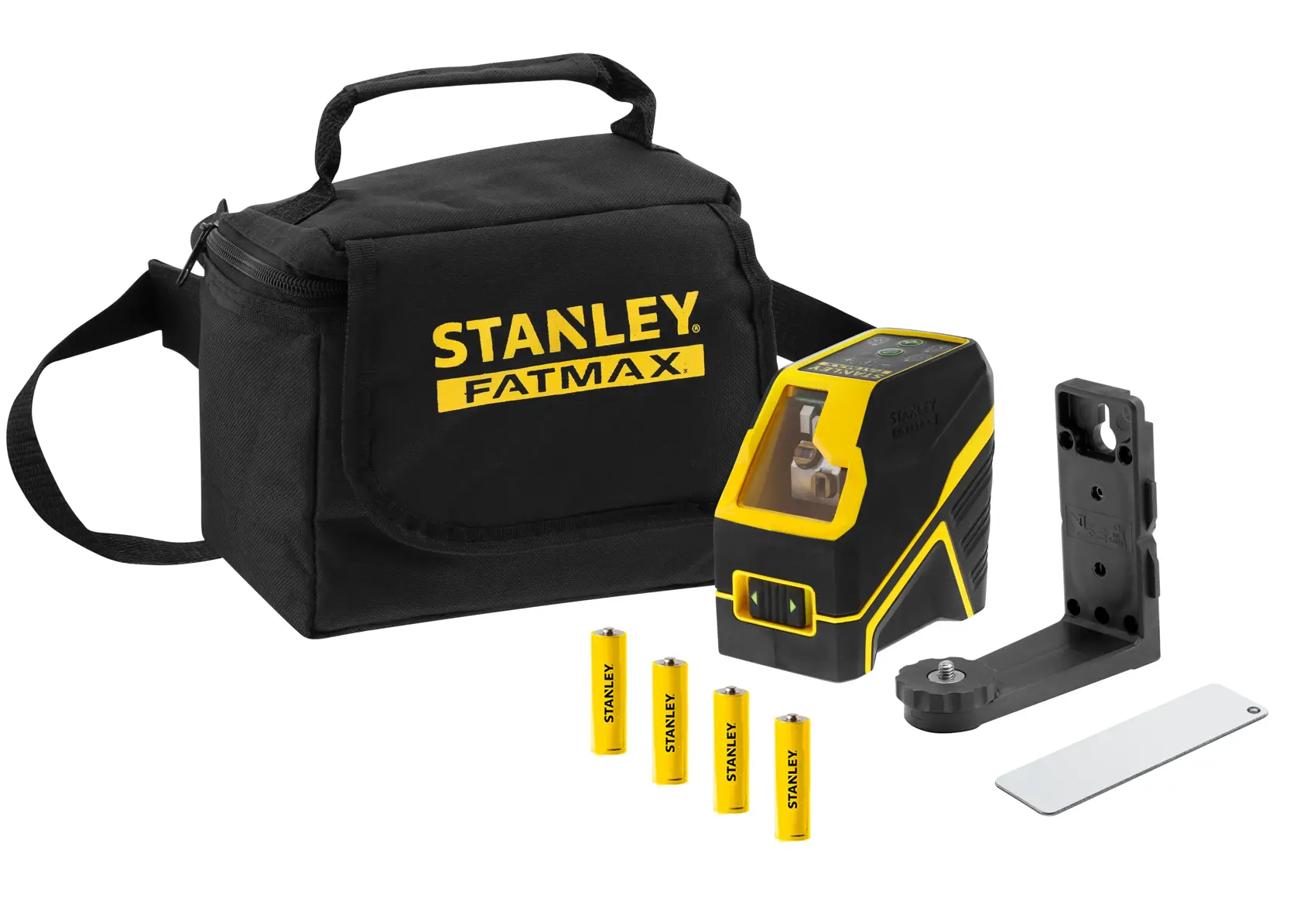 Stanley Fatmax laser level set includes a carrying bag, batteries, mount, and tool for precise measurements.