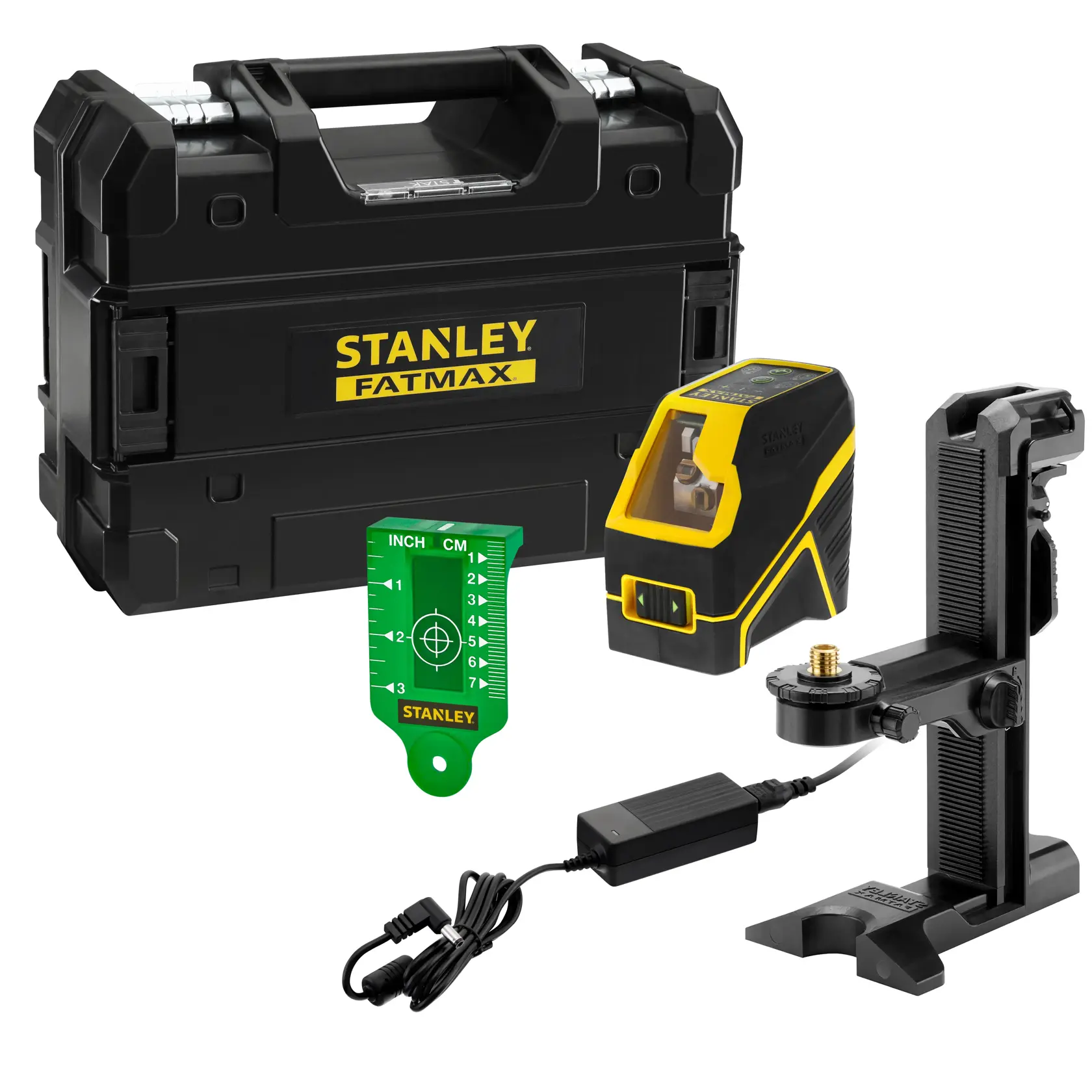 Stanley Fatmax laser level kit with case, mount, charger, and green measurement target.