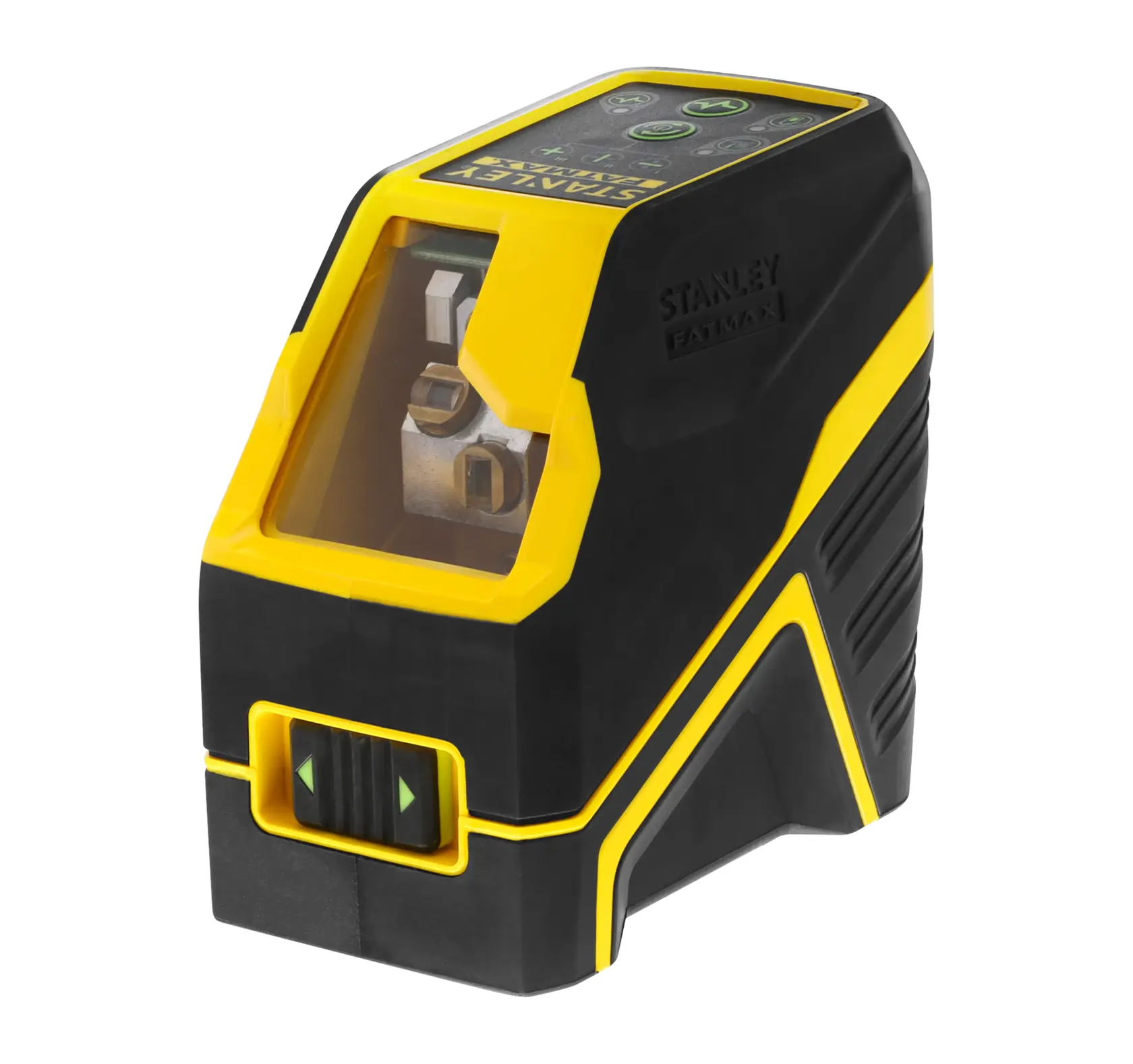 Stanley laser level device in black and yellow with control buttons, used for precise alignment in photography.