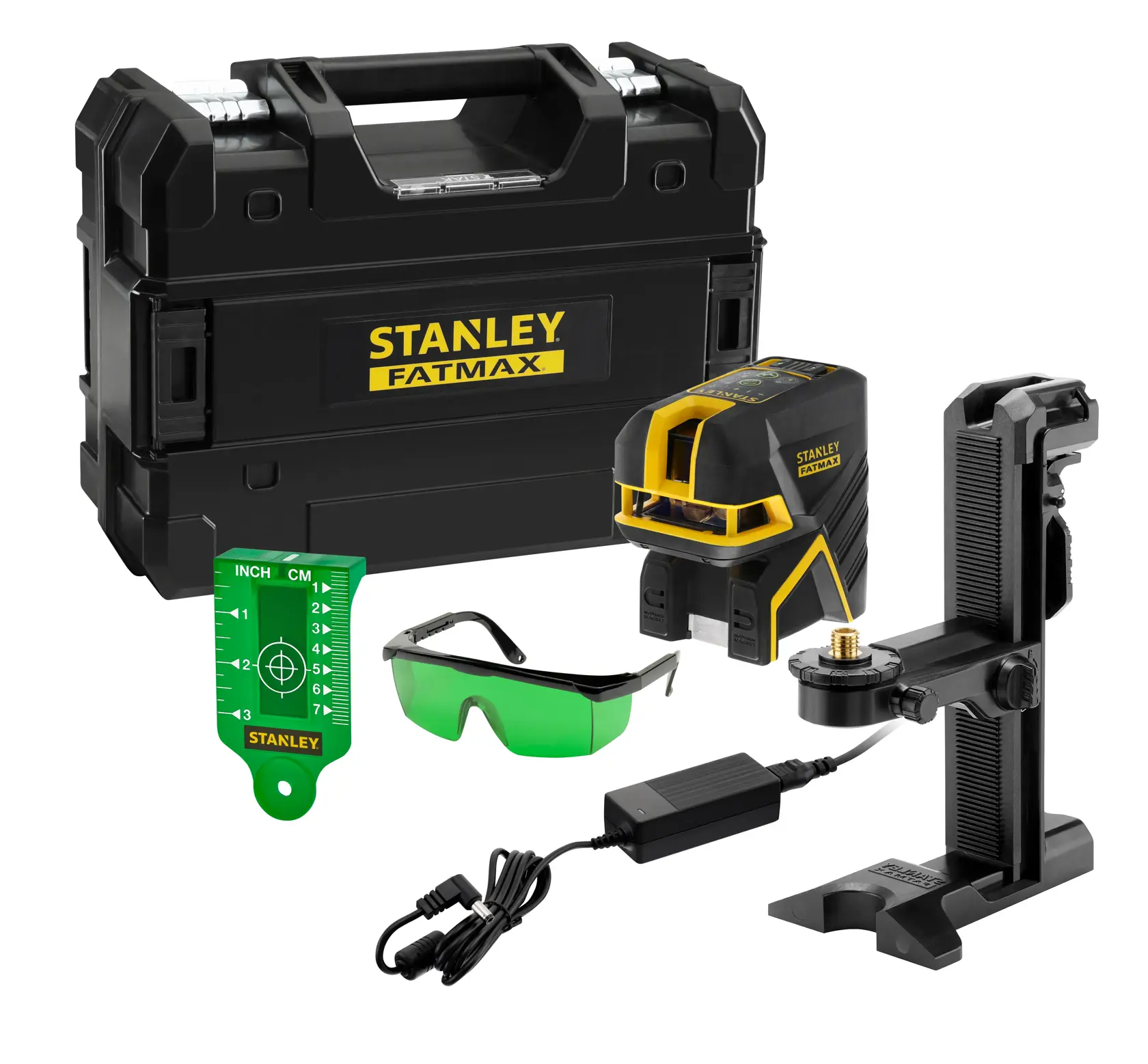 STANLEY FMHT77598-1 laser level kit with black and yellow laser, carrying case, green glasses, mounting bracket, charger, and target card.