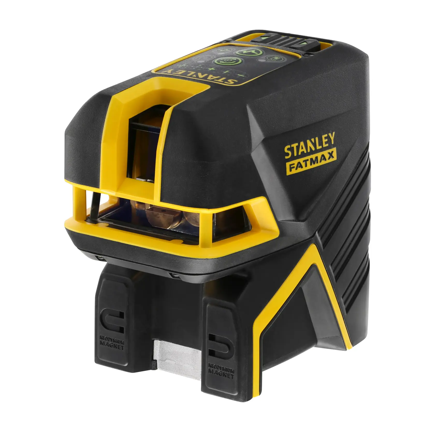 Photo of STANLEY FMHT77598-1 laser level in black and yellow, angled view on white background.