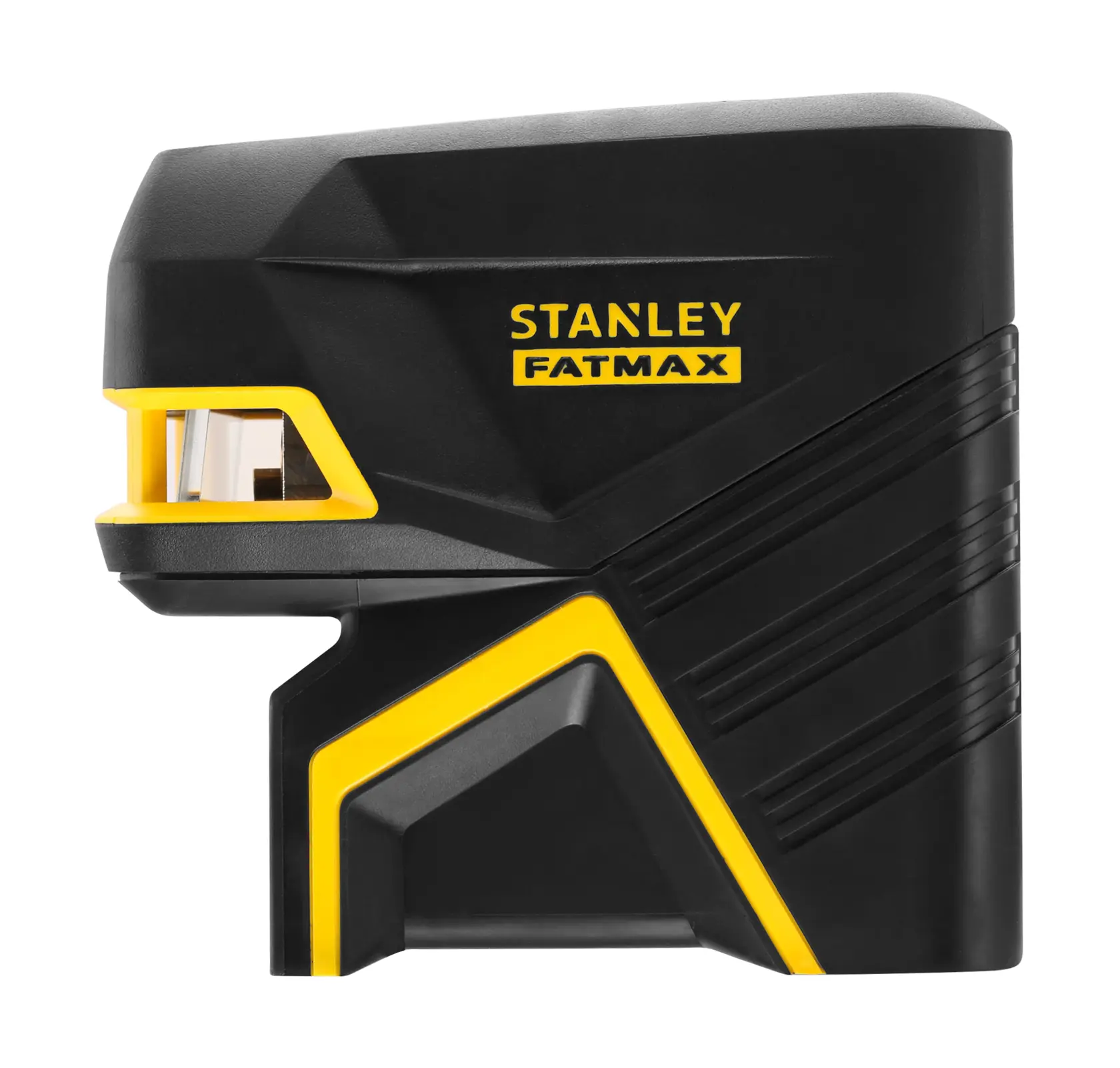 Black and yellow STANLEY FATMAX laser level device, side view on a white background.