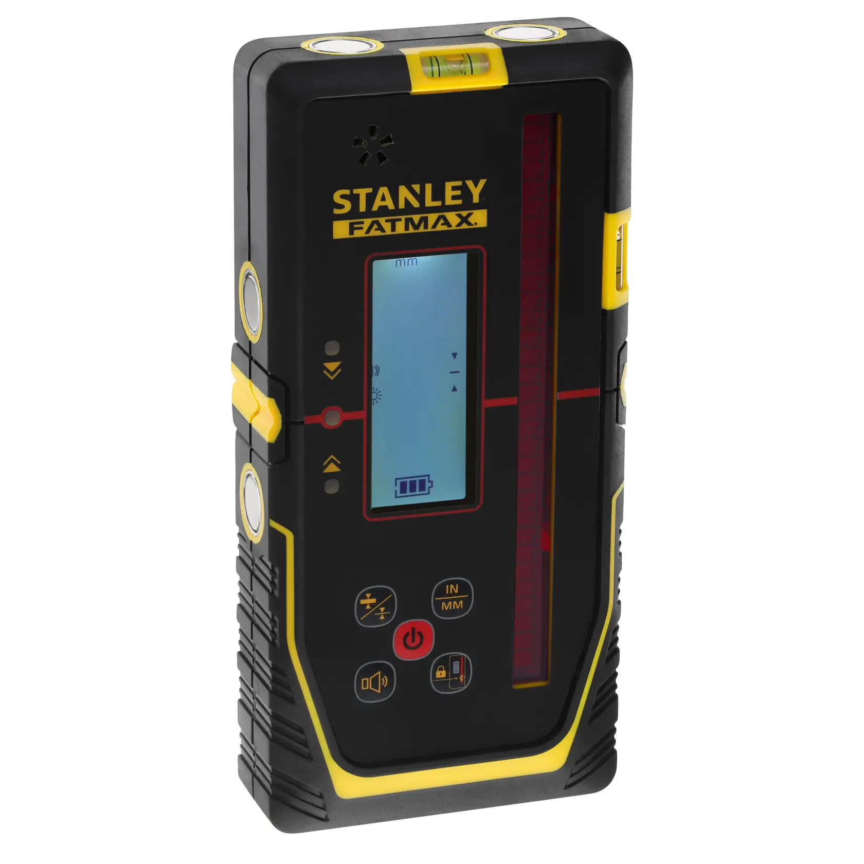 STANLEY FMHT77652-0 digital laser receiver, black and yellow, front angled photo on white background.